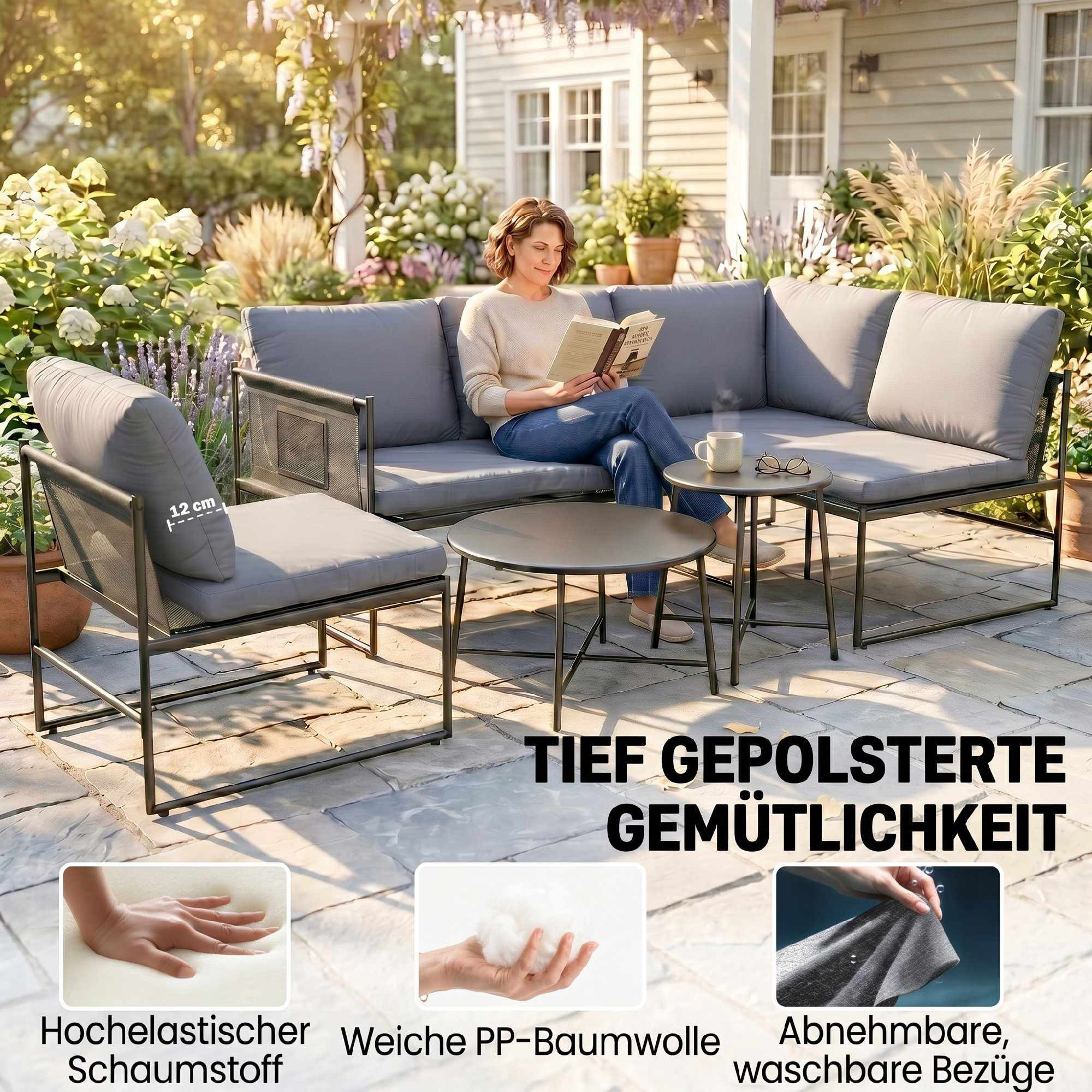 Conjunto de lounge externo para 4 a 5 pessoas com sofá e mesa.
