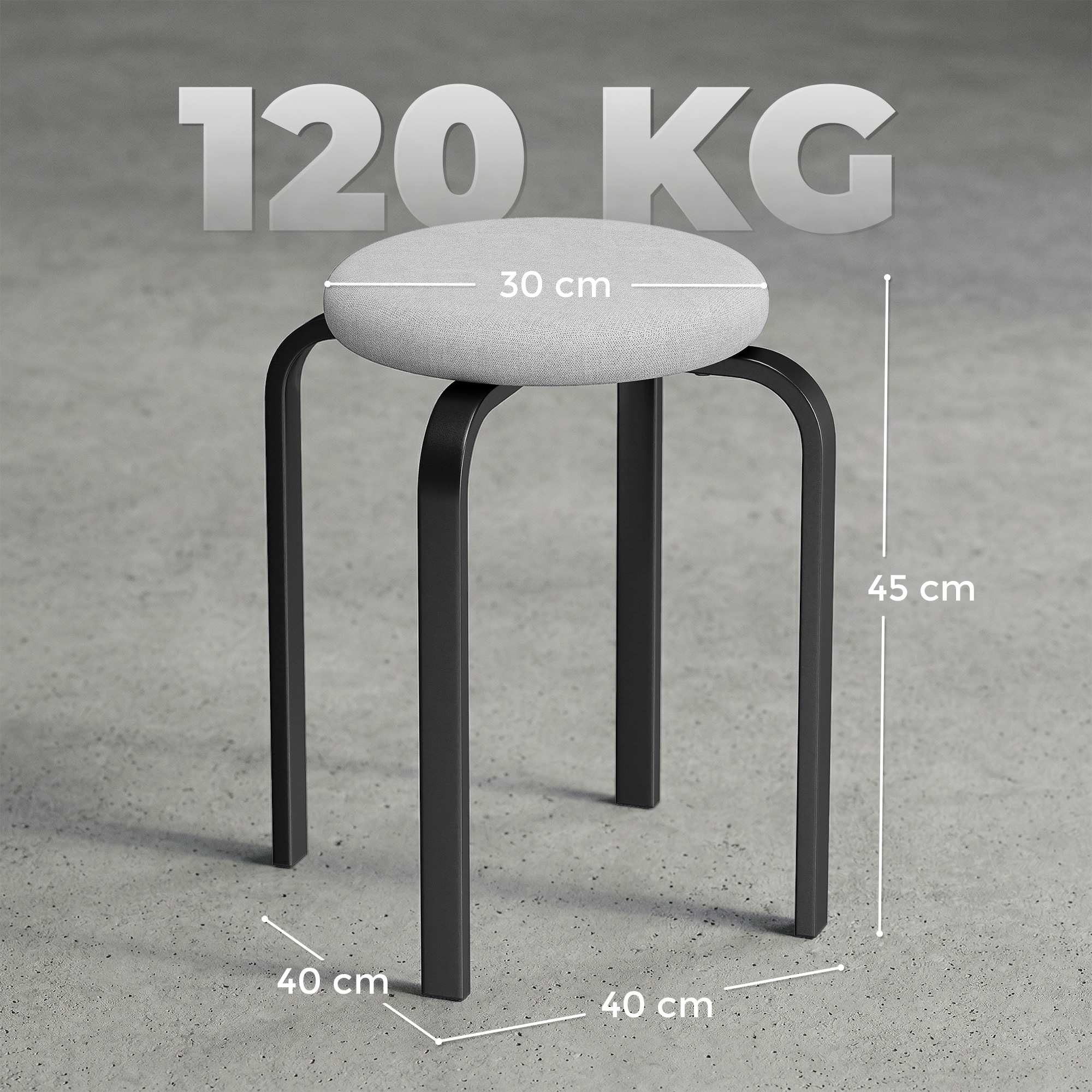 Stackable Round Stools Set of 4, Padded, Grey