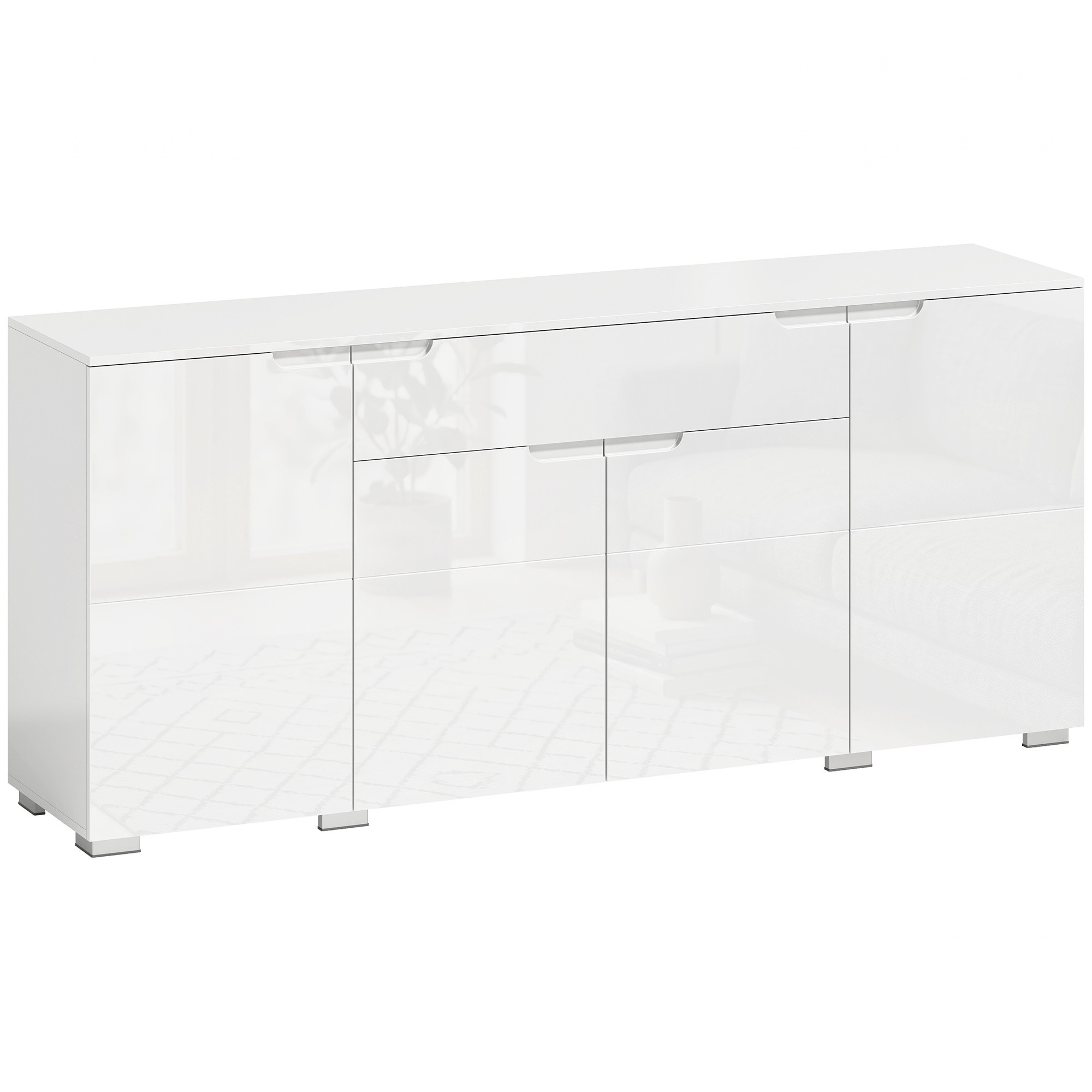 High-Gloss White Sideboard, 4 Doors, Adjustable Shelves