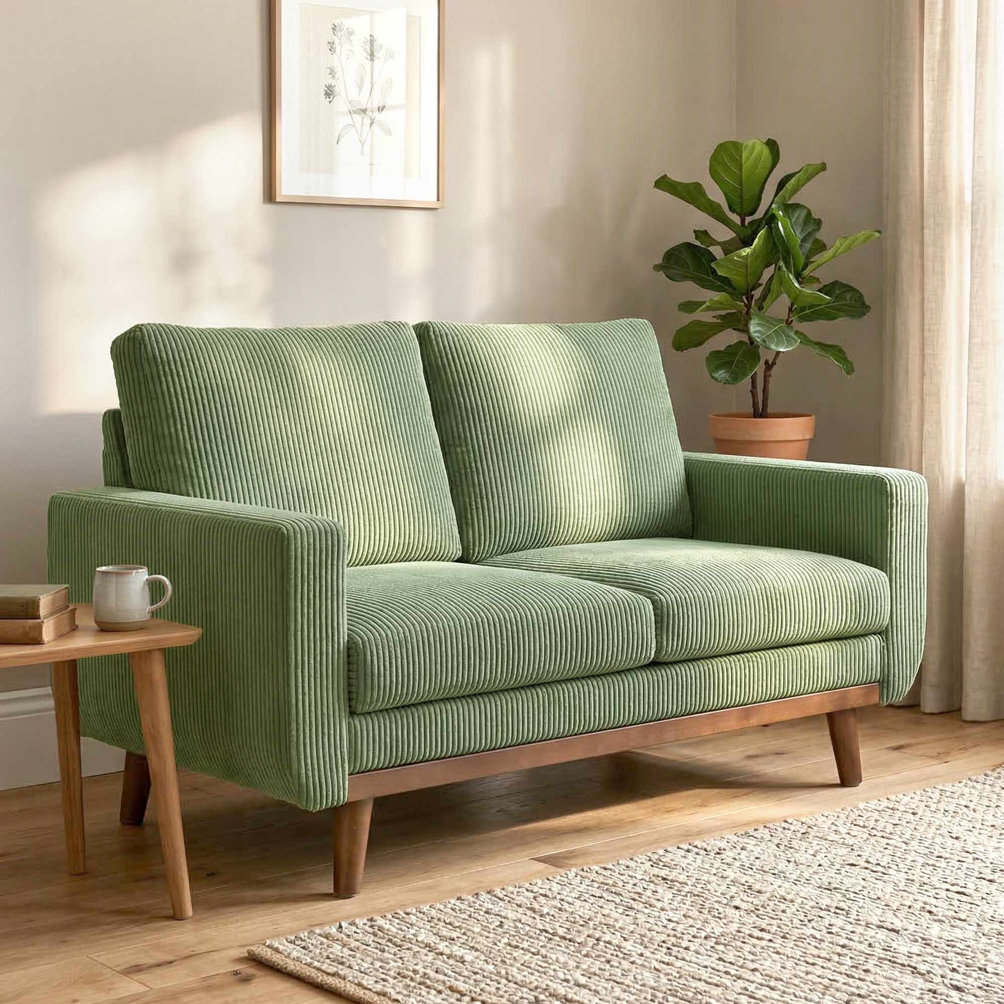 Sofá de 2 lugares Green Cord, 134 cm com molas ensacadas.