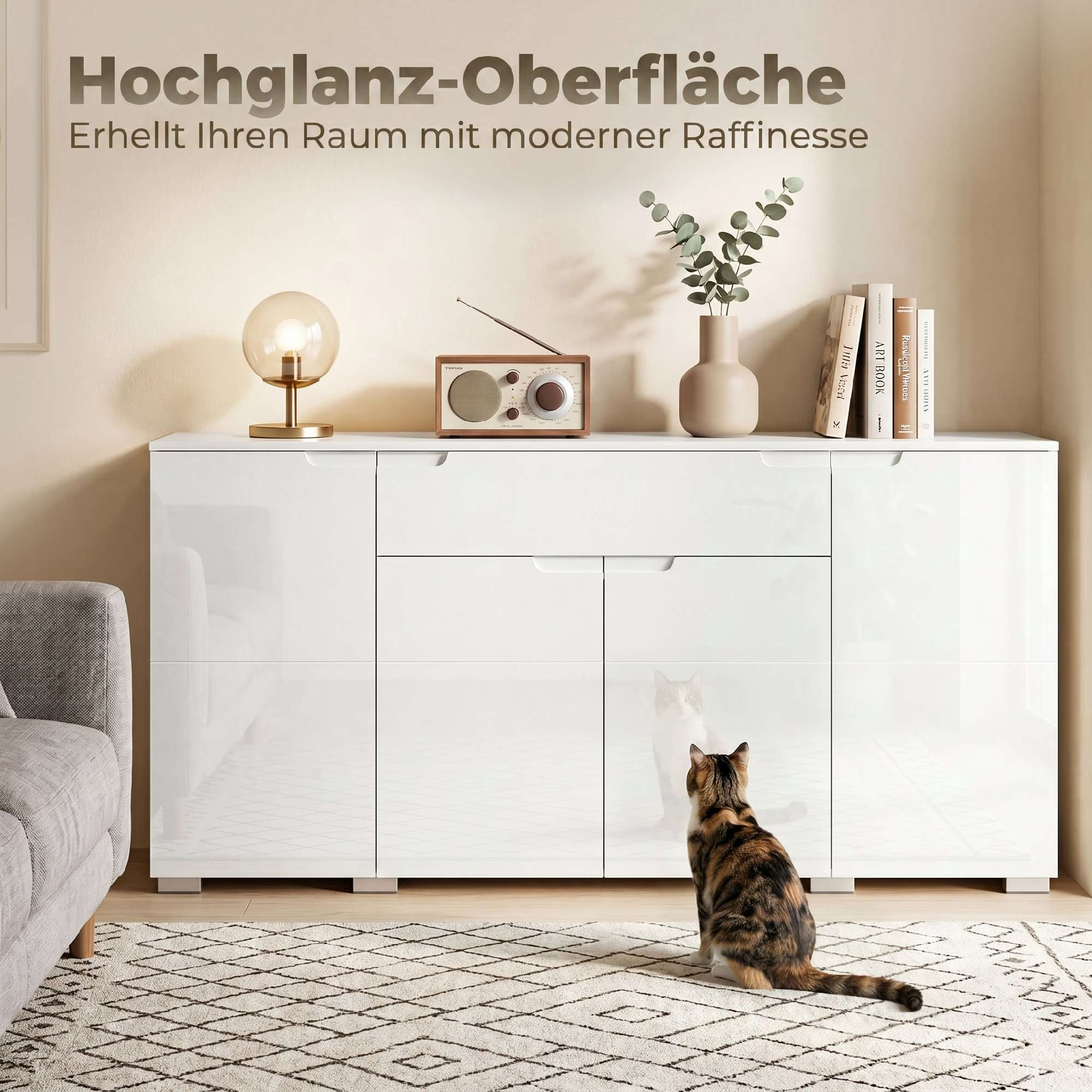 High-Gloss White Sideboard, 4 Doors, Adjustable Shelves
