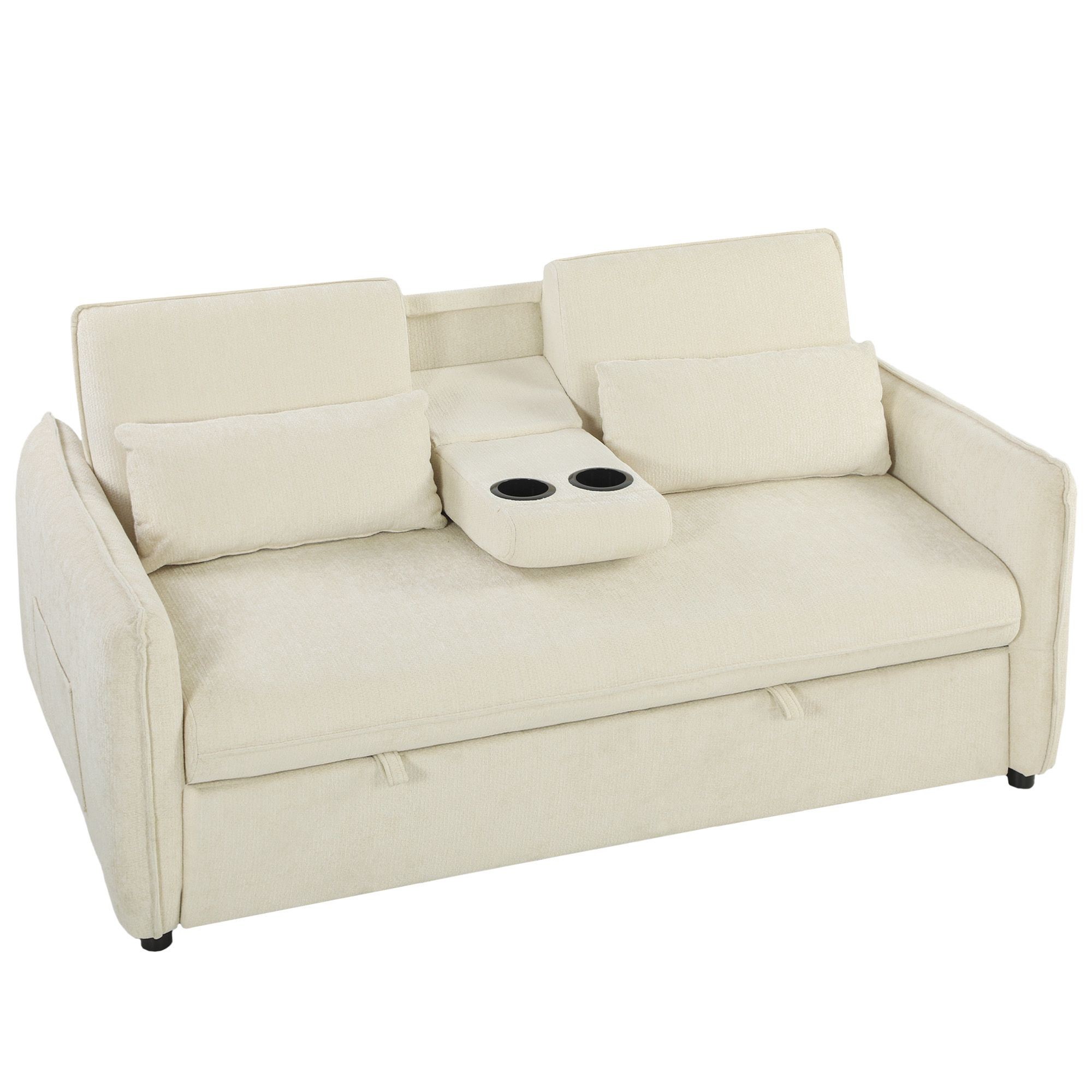 Sofá-cama ajustável 3 em 1 com porta-copos e bolsos.