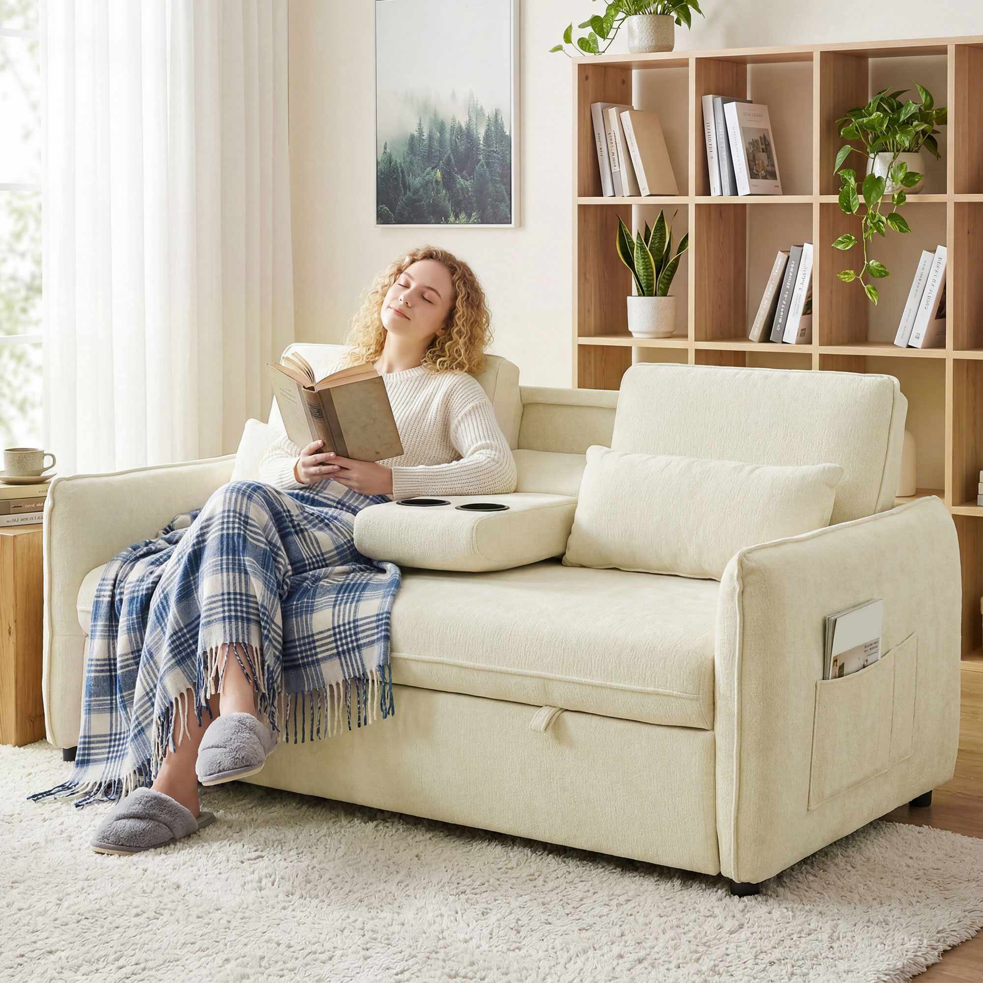 Sofá-cama ajustável 3 em 1 com porta-copos e bolsos.