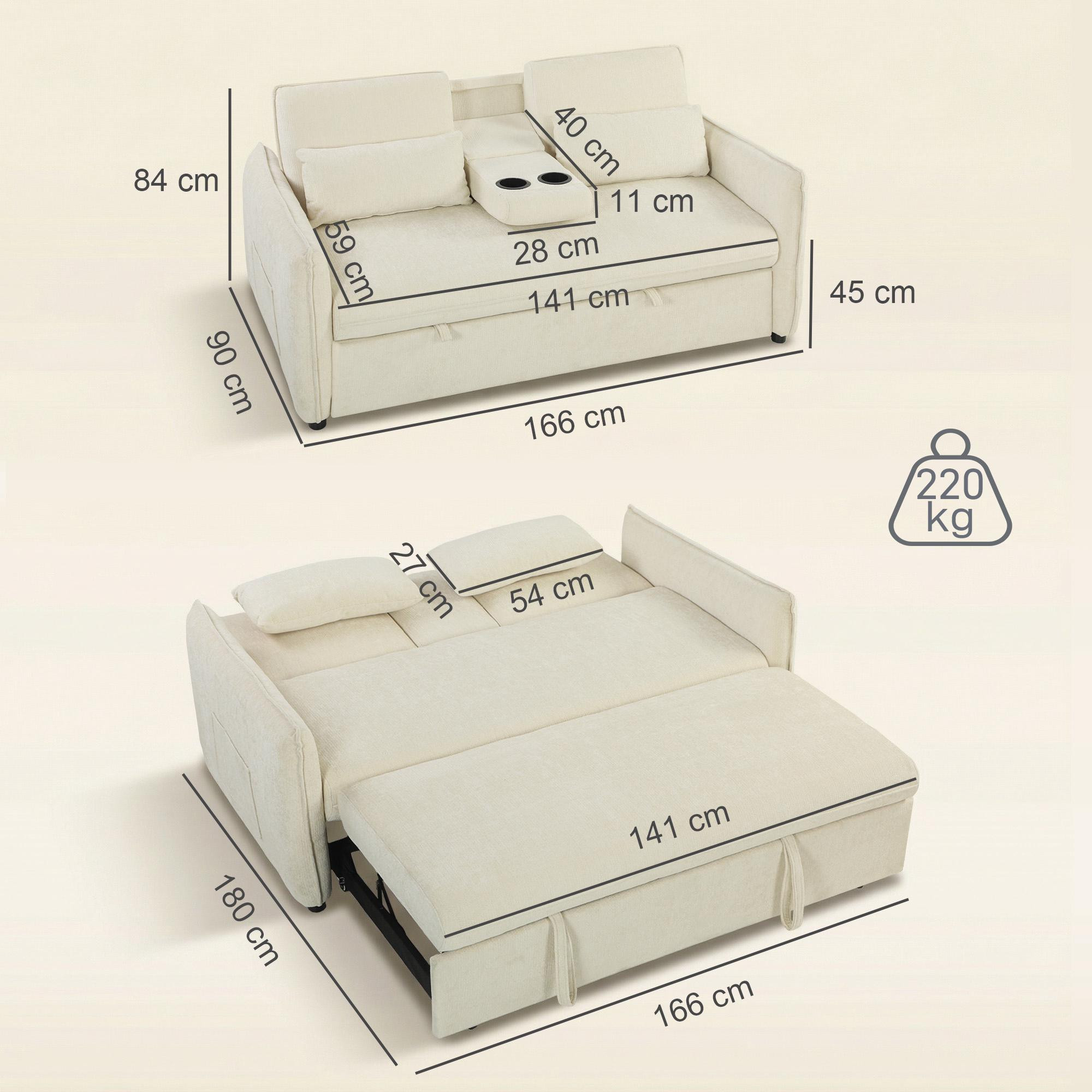 Sofá-cama ajustável 3 em 1 com porta-copos e bolsos.