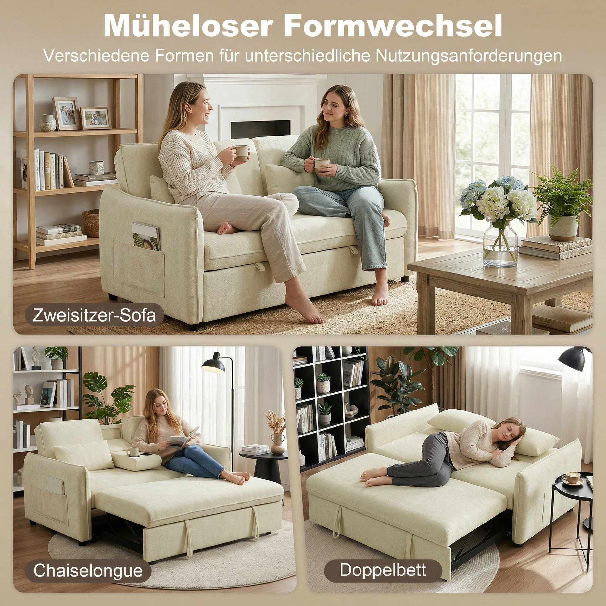 Sofá-cama ajustável 3 em 1 com porta-copos e bolsos.