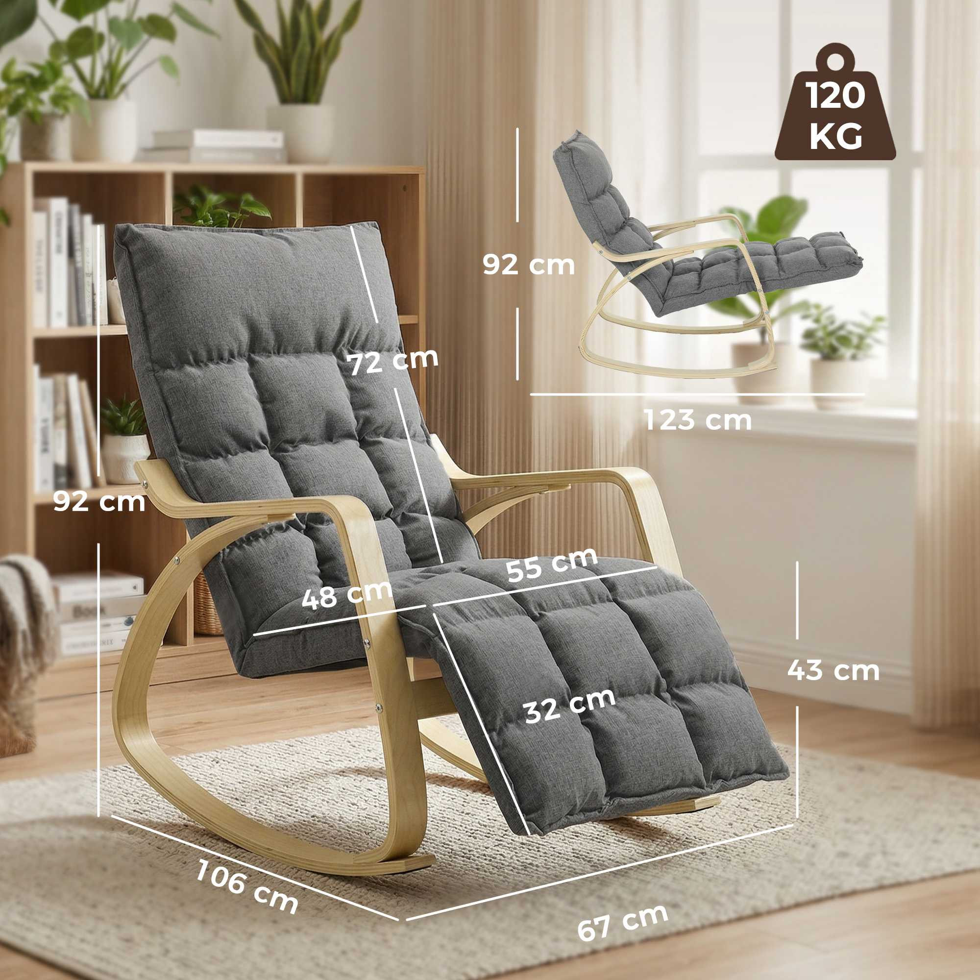 Mecedora con reposapiés ajustable, acolchada, gris.