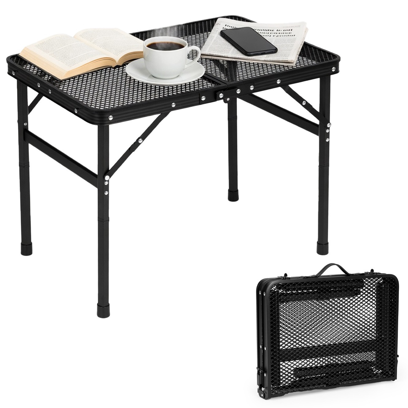 Folding Camping Table 60x40 cm, Aluminum, Black