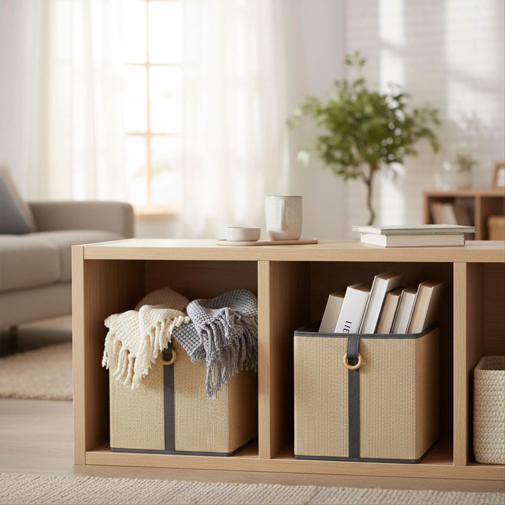 Bamboo Storage Baskets With Fabric Liner, Fold-Flat