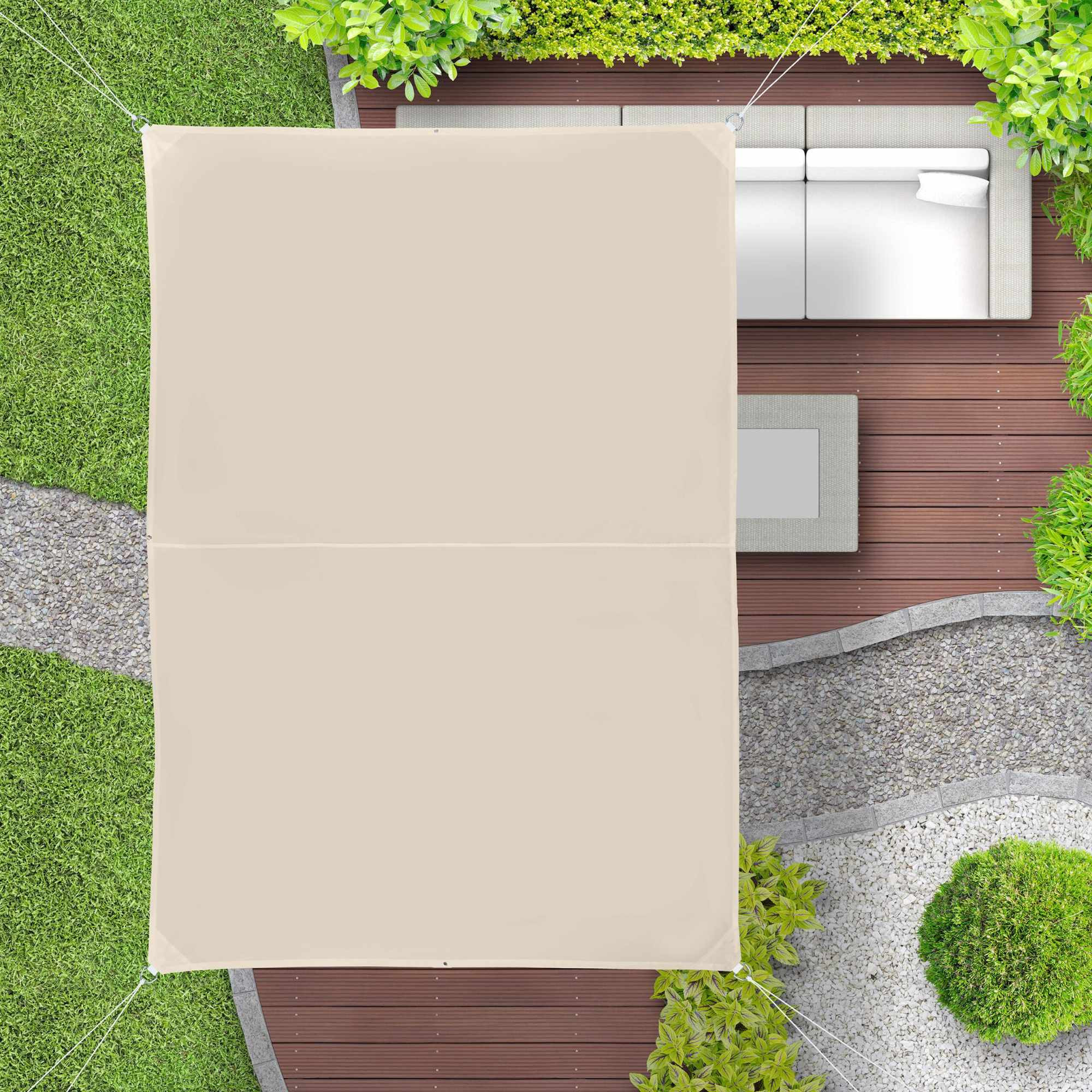 Toldo retangular bege com proteção UV e bolsa para proteção solar.