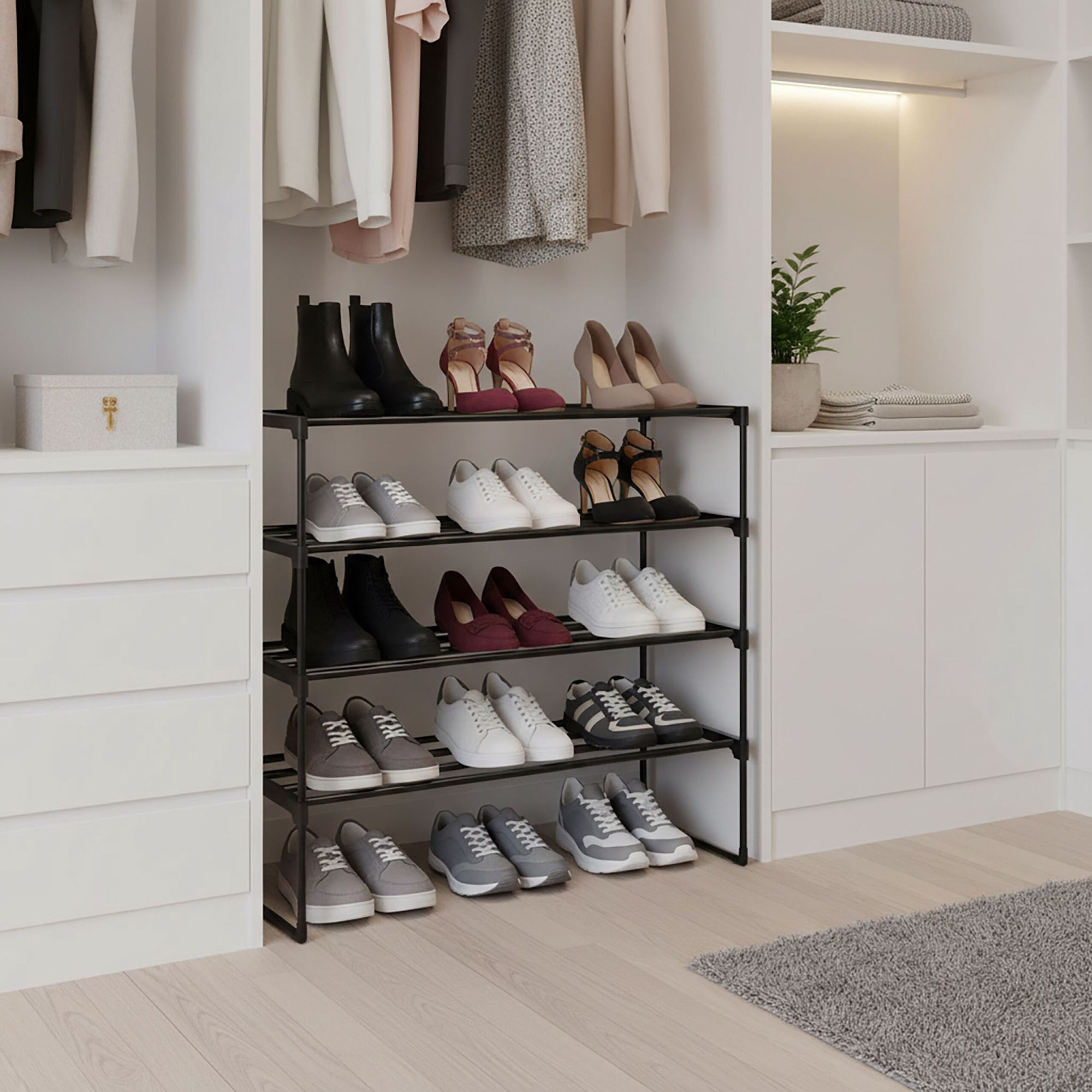 Shoe Rack – Stackable Metal Frame, Plastic Shelves
