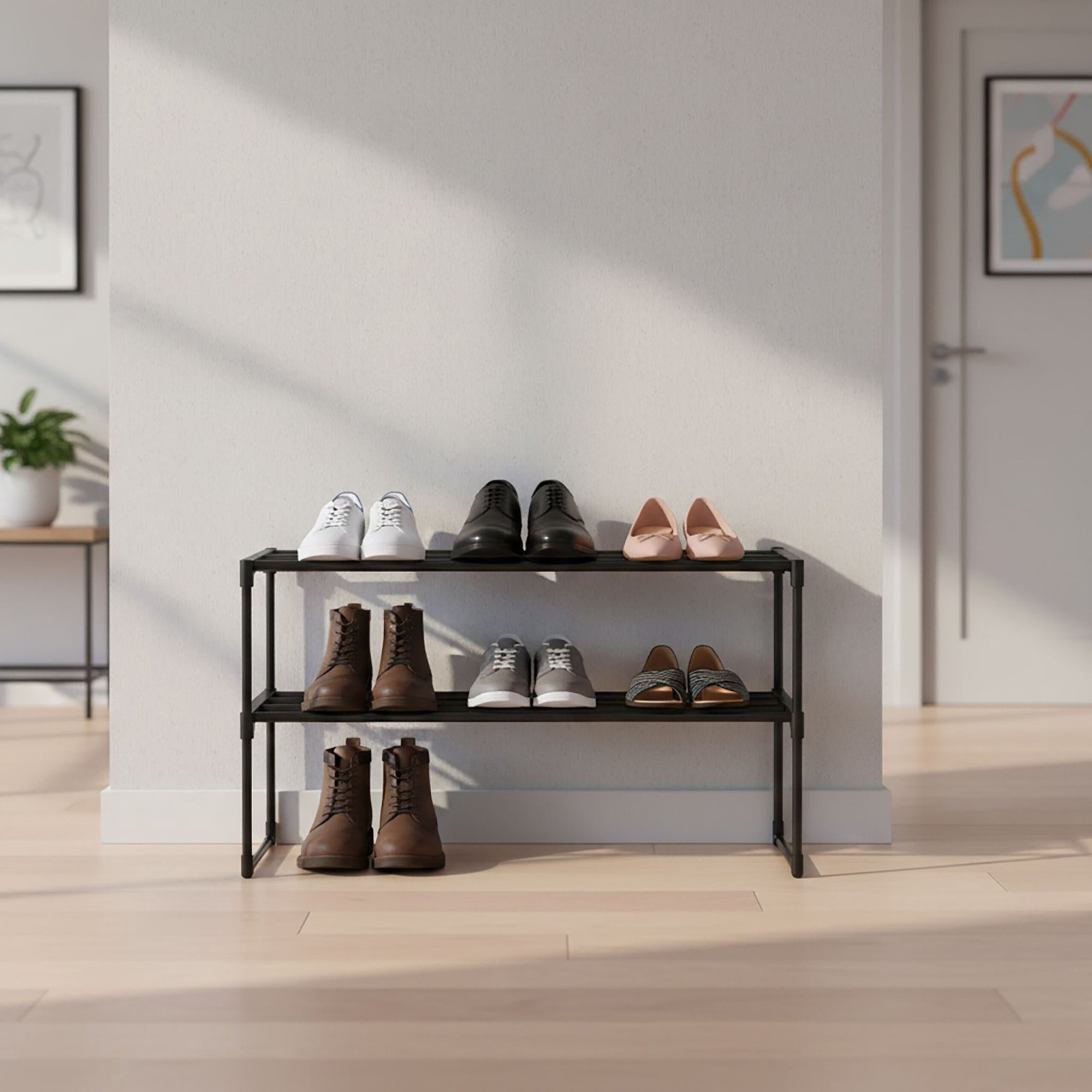 Shoe Rack With Metal Frame, Stackable Plastic Tiers