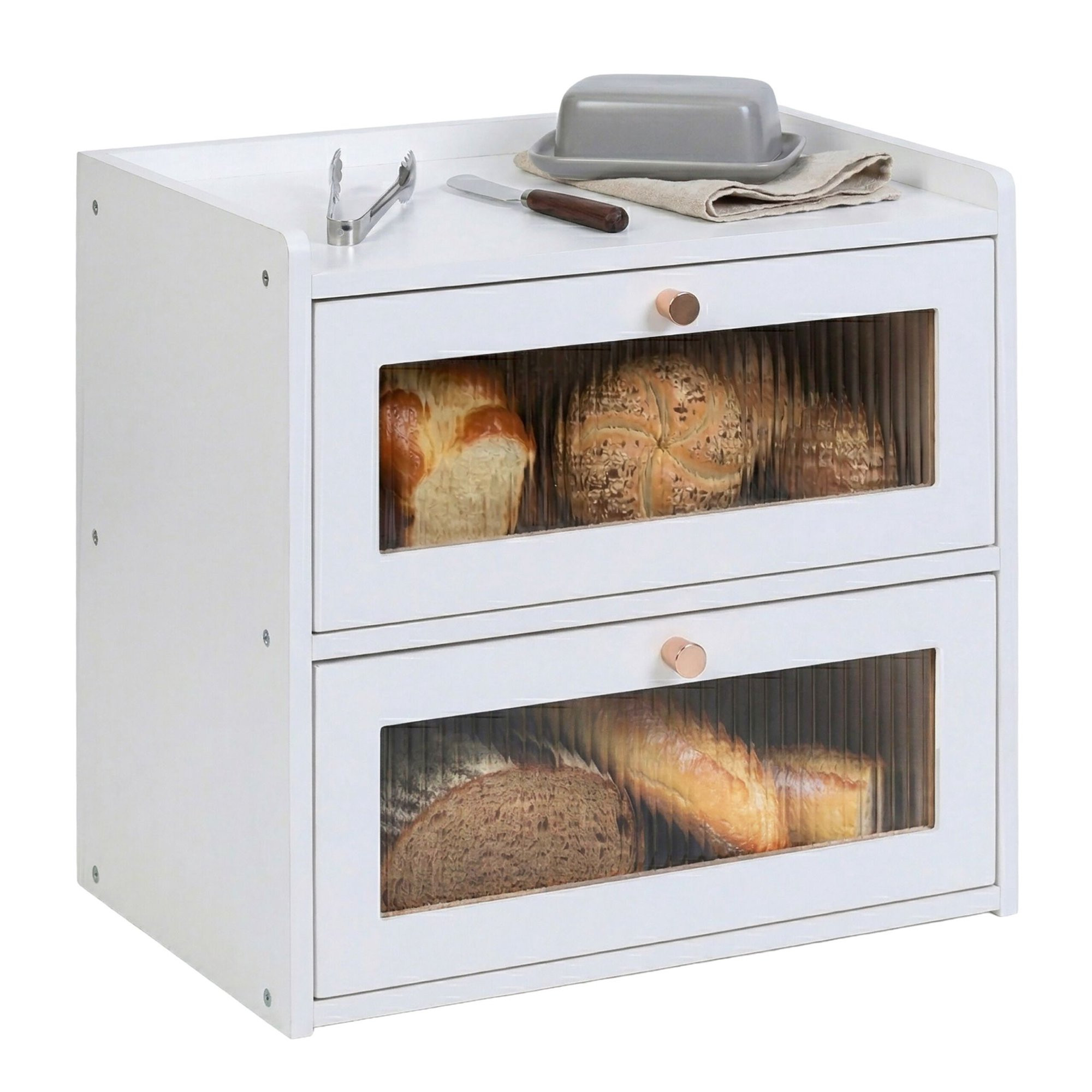 Caixa de pão de bambu com 2 níveis e visor.