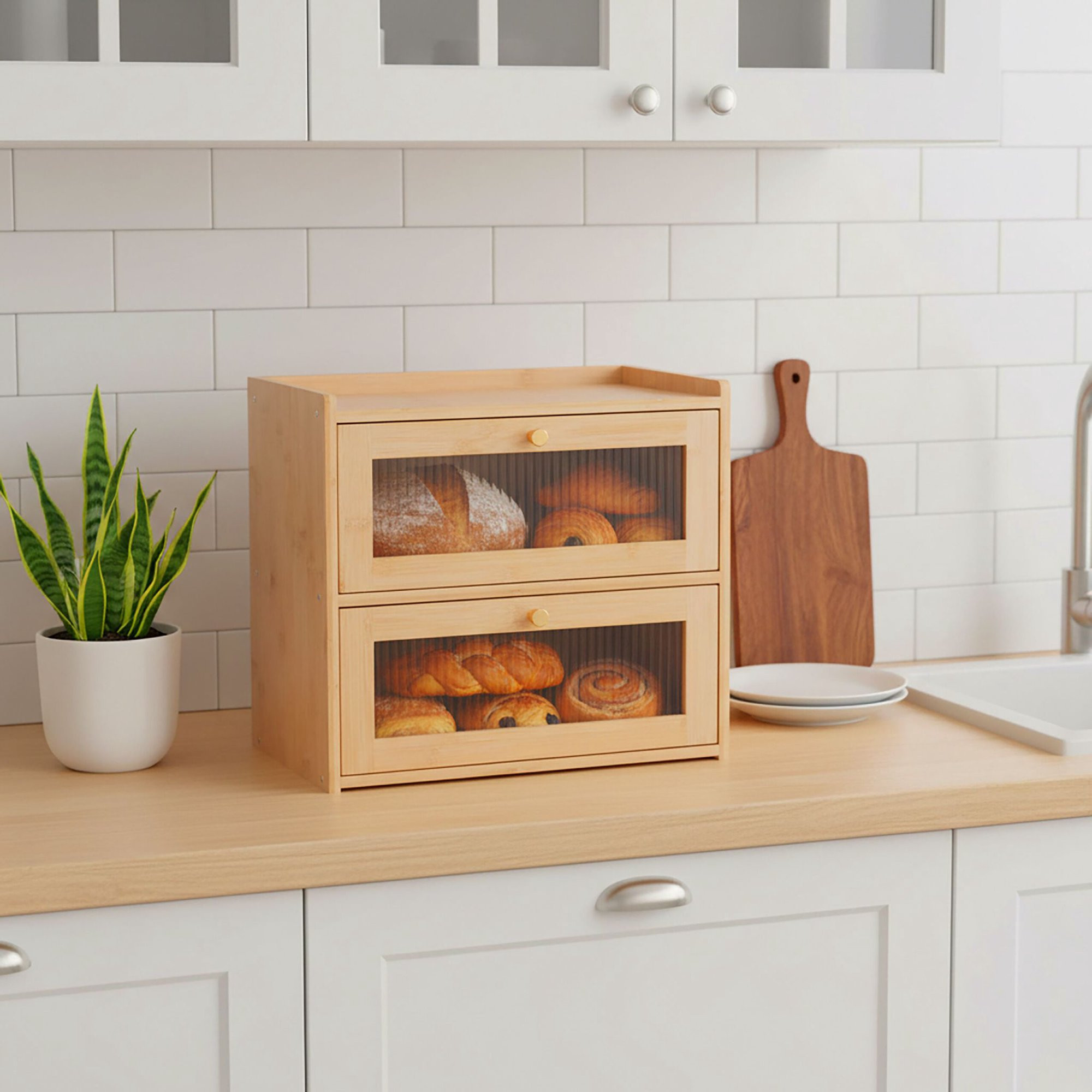 Bamboo Bread Bin, 2-Tier With Viewing Window
