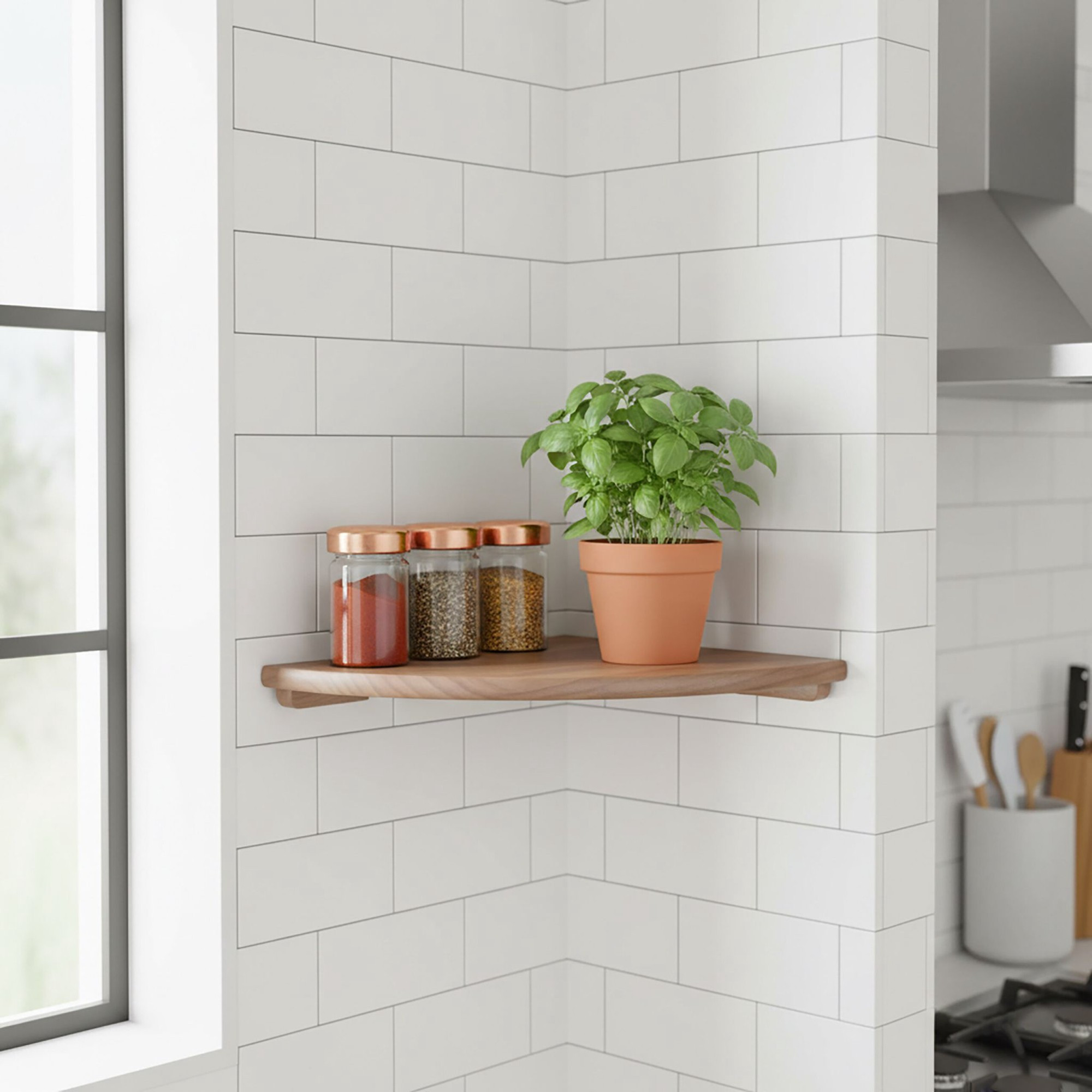Corner Wall Shelf, Walnut, Wall-Mounted Semi-Circle