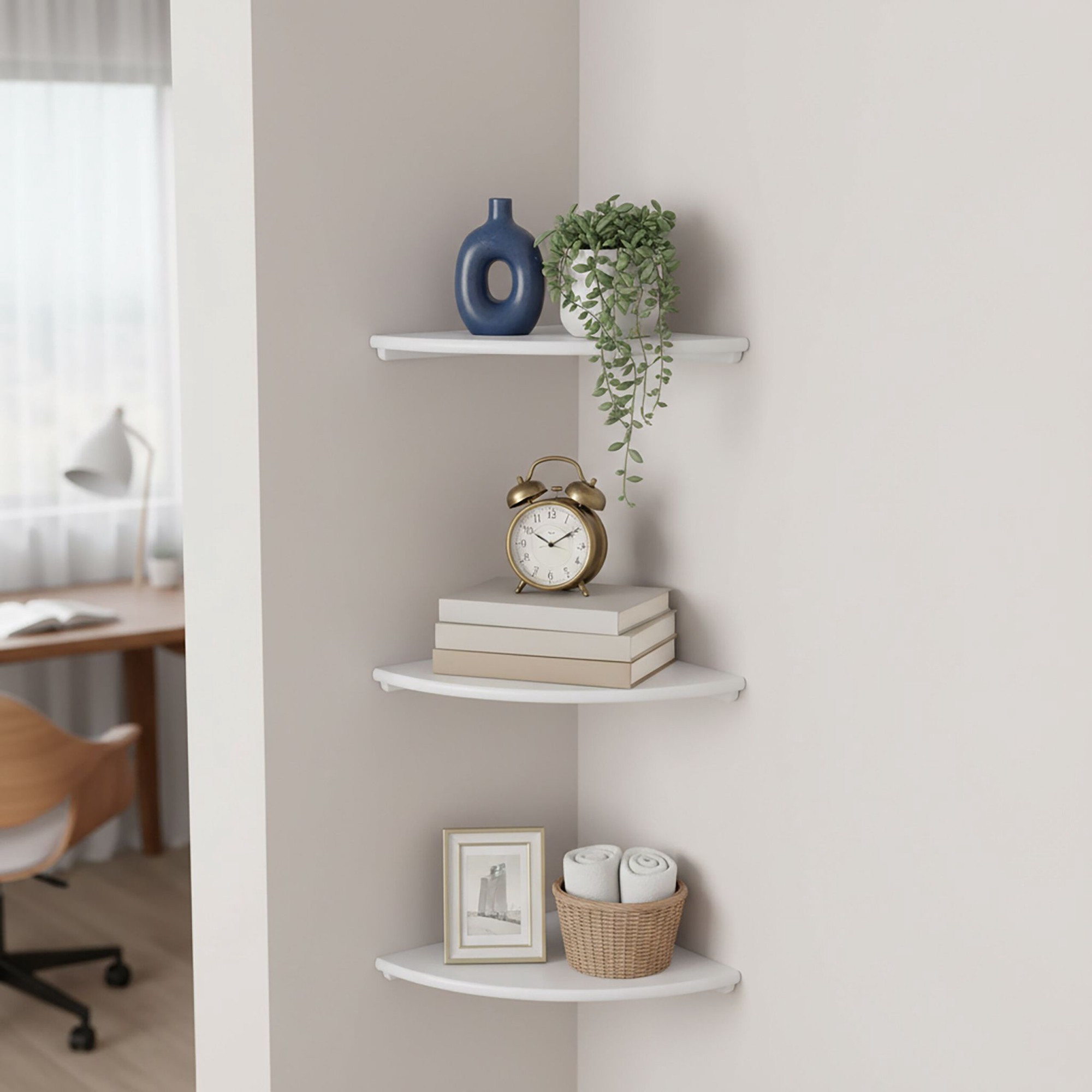 Corner Wall Shelf, Walnut, Wall-Mounted Semi-Circle