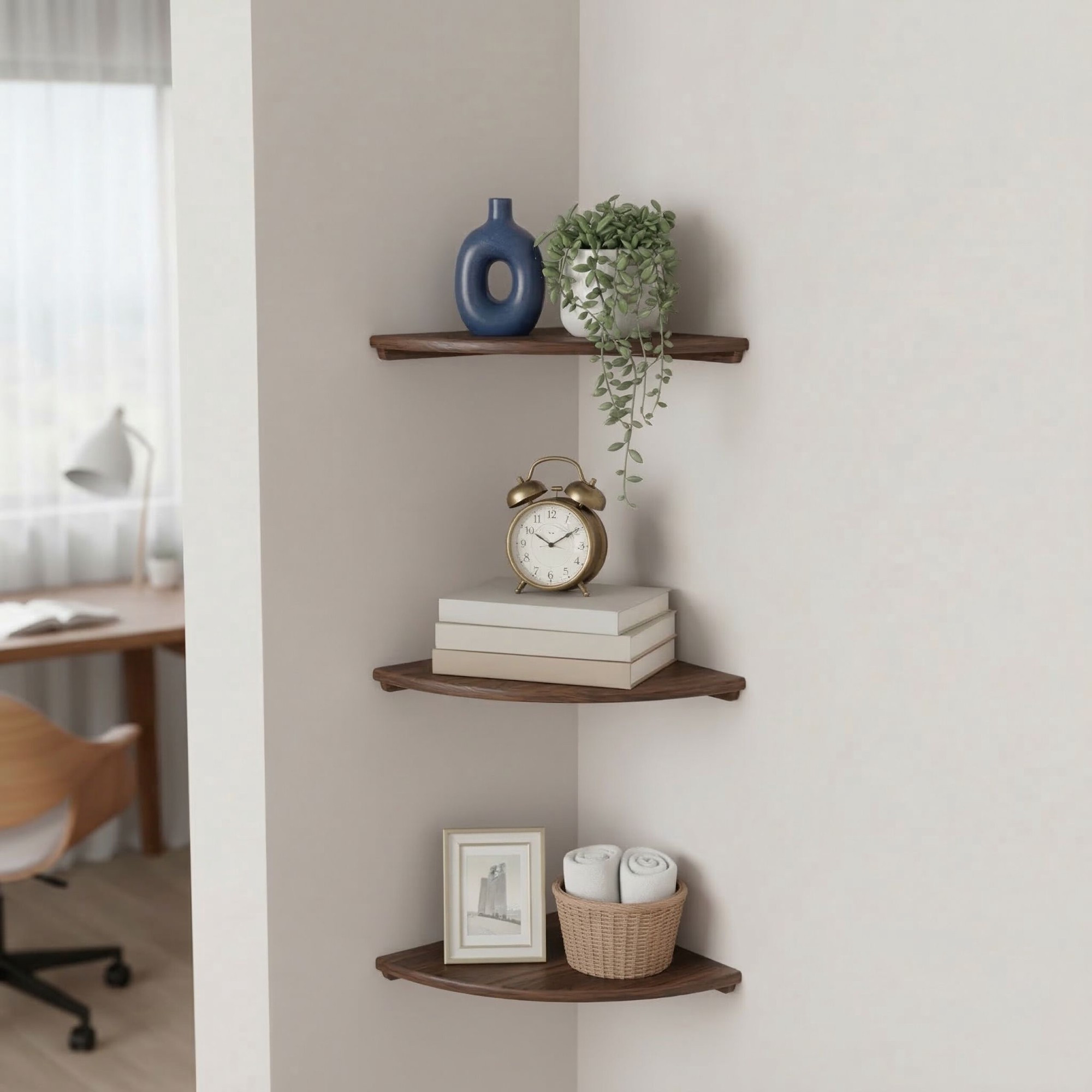 Corner Wall Shelf, Wall-Mounted Walnut Semi-Circle
