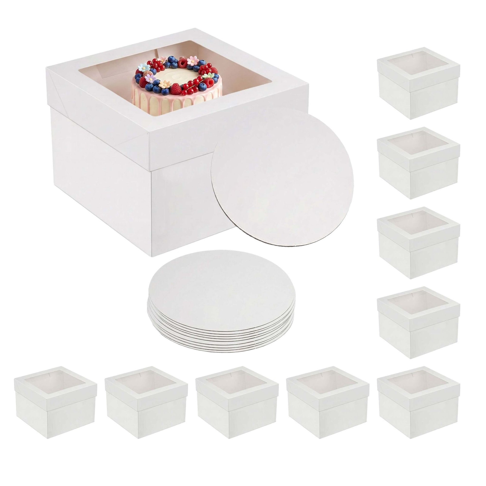 Conjunto retangular de caixas para bolo com visor e base.
