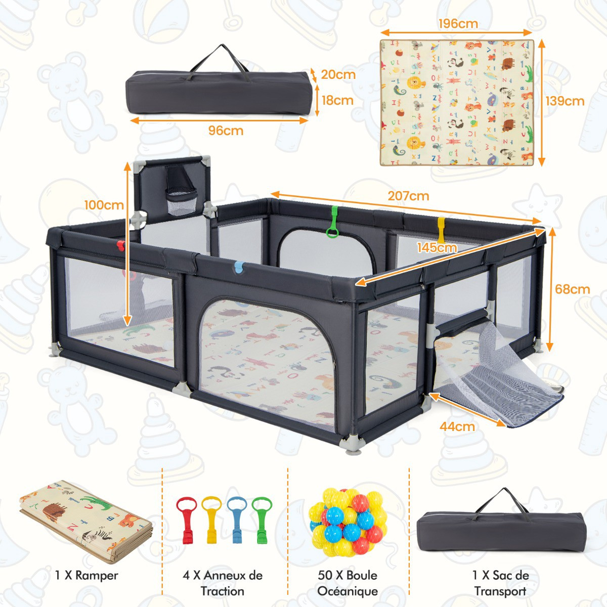 Cercadinho para Bebê com Tapete e 50 Bolinhas, 81 x 57 polegadas, C...