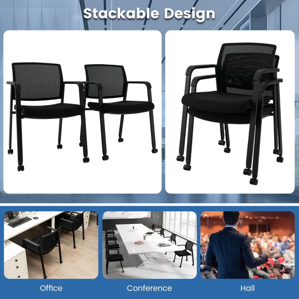 Rolling Office Chairs, Mesh Back, Stackable, Set of 2