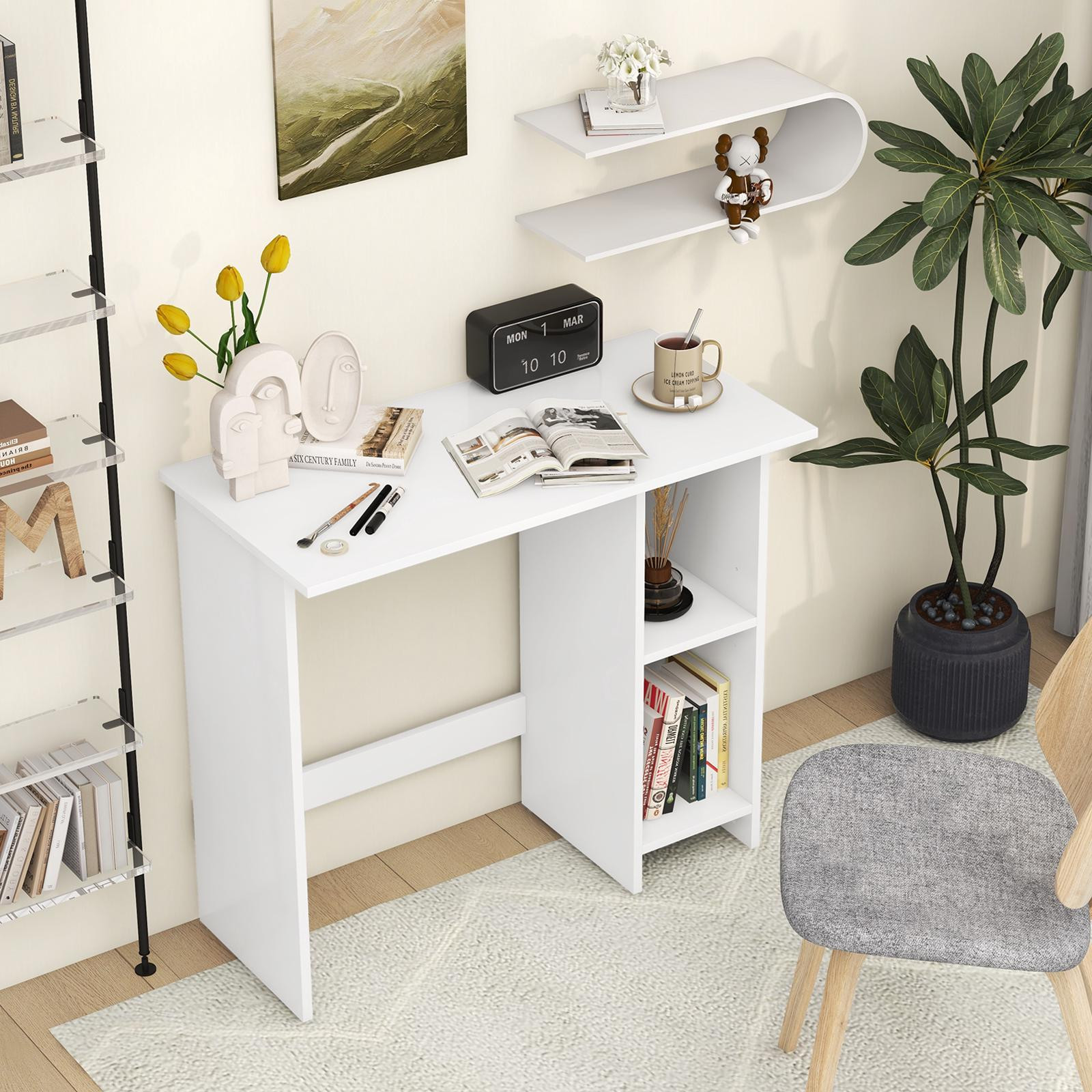 Small Computer Desk With Storage, Adjustable Shelf, White