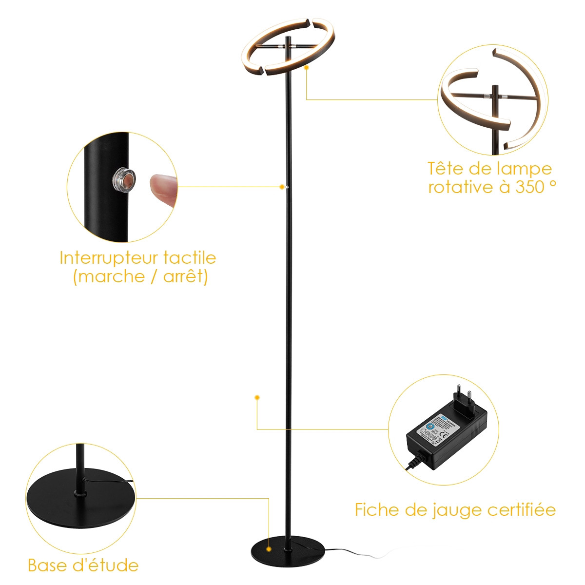 Lampadaire LED, commande tactile à intensité variable, métal noir