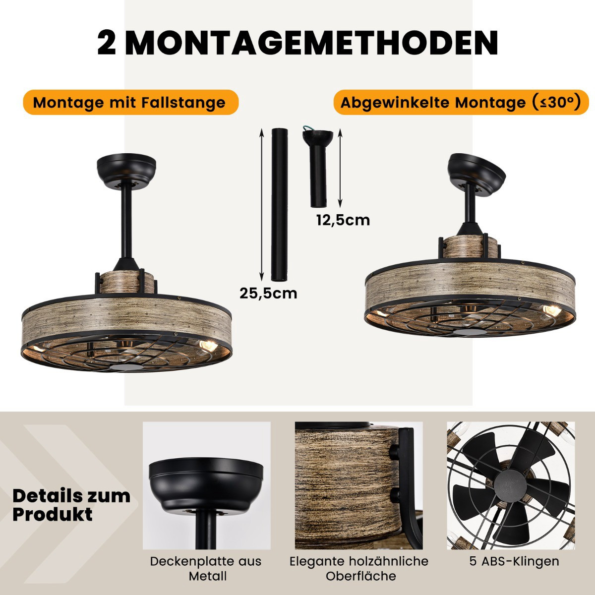 Ventilatore da soffitto con luce, 50 cm, telecomando e timer 4 ore