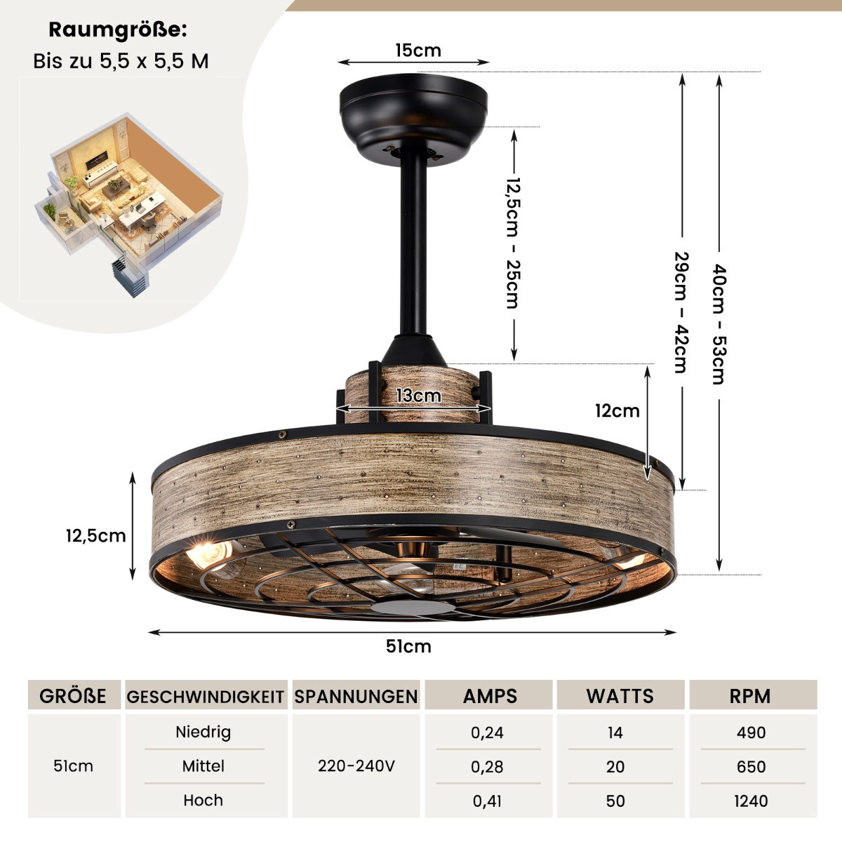 Ventilatore da soffitto con luce, 50 cm, telecomando e timer 4 ore