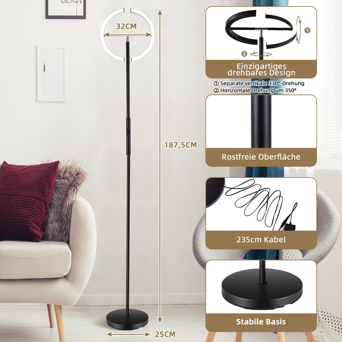 Lampadaire LED – Intensité variable 3000-6000K, télécommande
