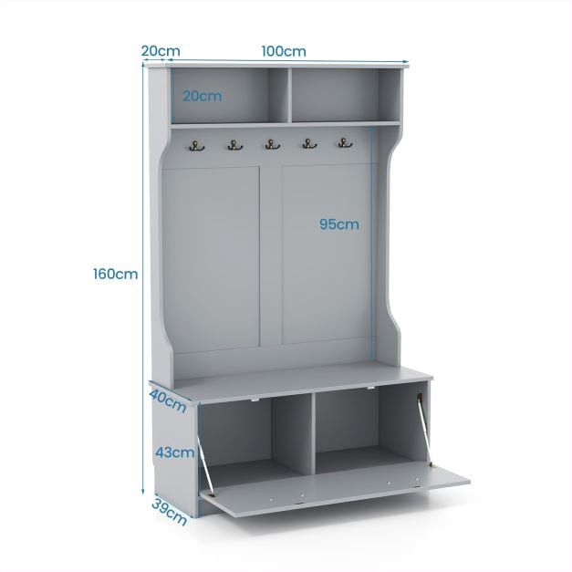 Hall Tree with 5 Double Hooks, Storage Bench, Cabinet, Grey