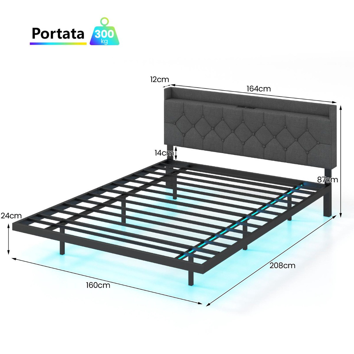 Floating Bed Frame 160x200 cm, LED, Adjustable Headboard