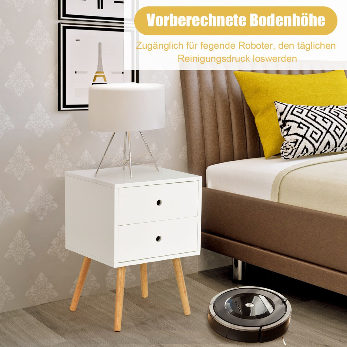 Weißer Nachttisch mit 2 Schubladen, Eichenbeine