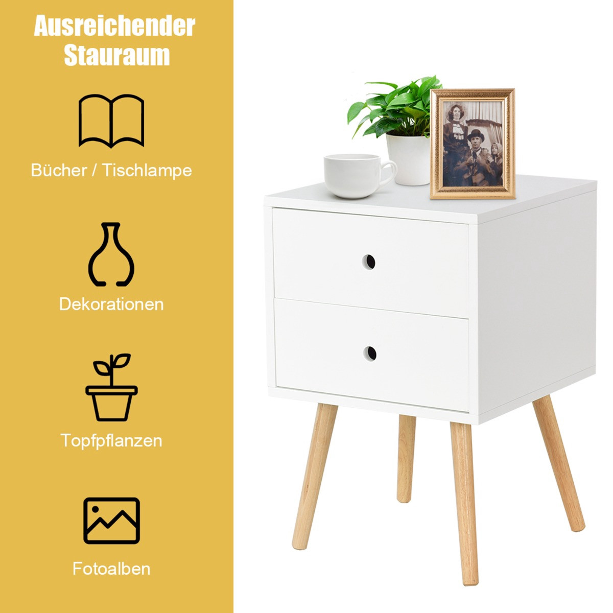 Weißer Nachttisch mit 2 Schubladen, Eichenbeine