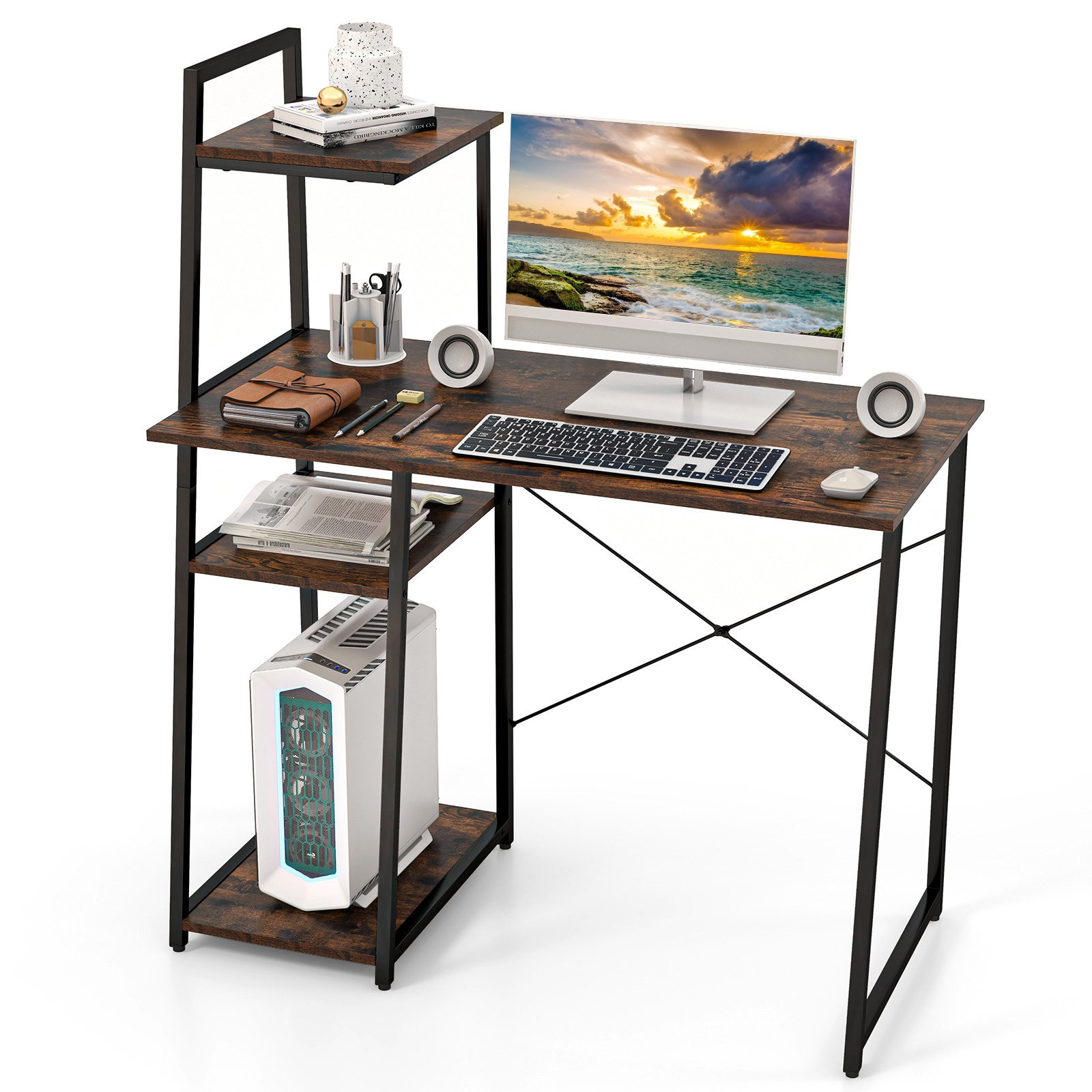 Computerbureau met 4 planken, compact, bruin
