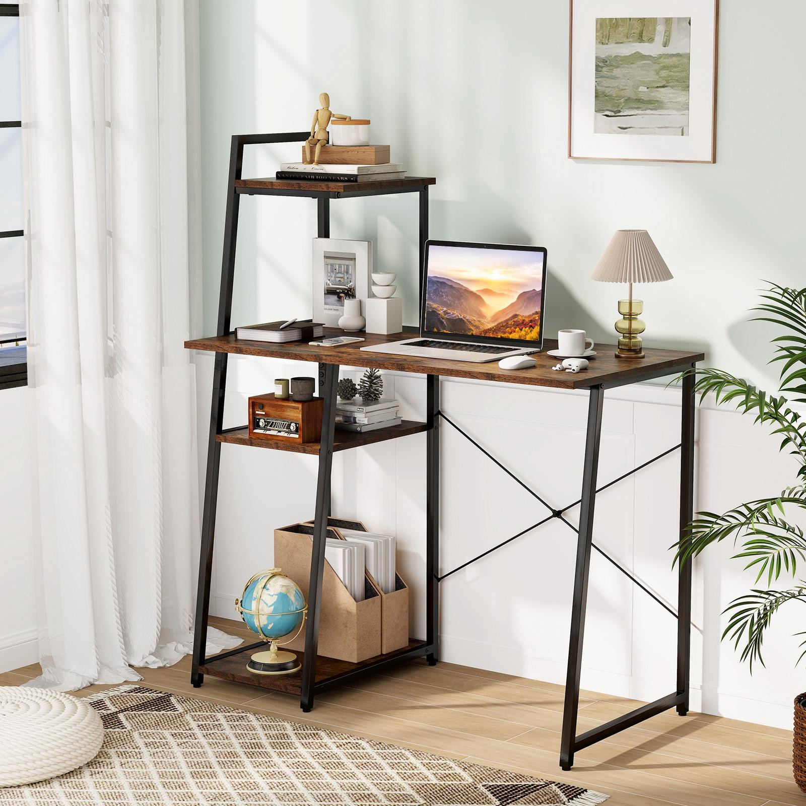 Computerbureau met 4 planken, compact, bruin