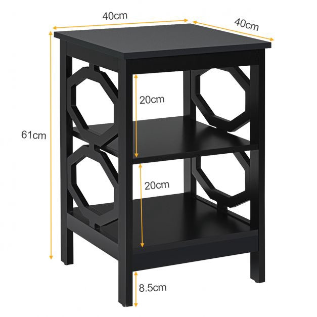 3-Tier Nightstand End Table, Black MDF Storage