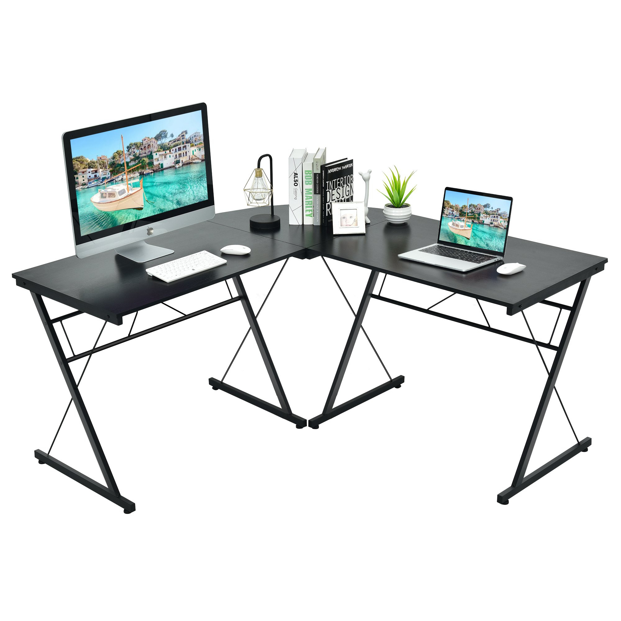 Mesa de canto em formato de L, 150 cm (59 polegadas), MDF e aço, preta