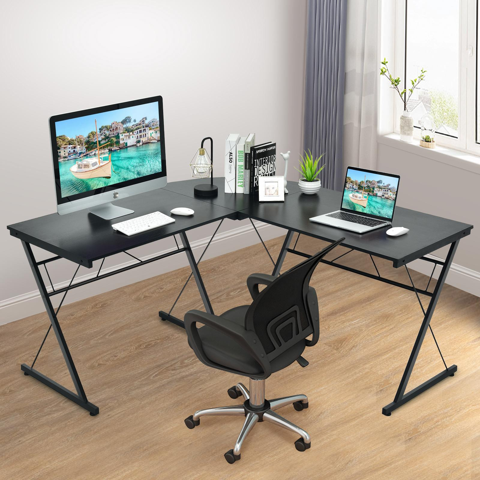 Mesa de canto em formato de L, 150 cm (59 polegadas), MDF e aço, preta