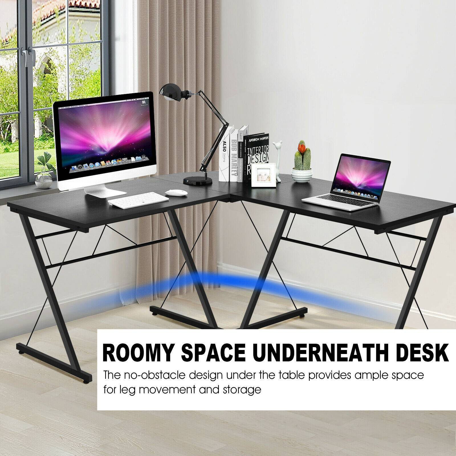 Mesa de canto em formato de L, 150 cm (59 polegadas), MDF e aço, preta