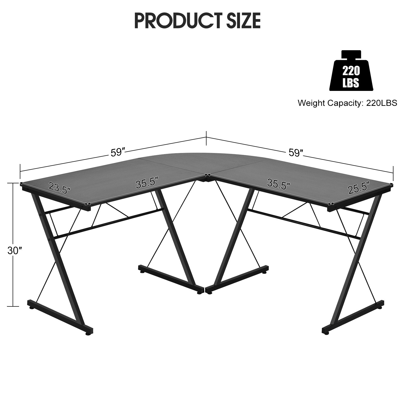 Mesa de canto em formato de L, 150 cm (59 polegadas), MDF e aço, preta