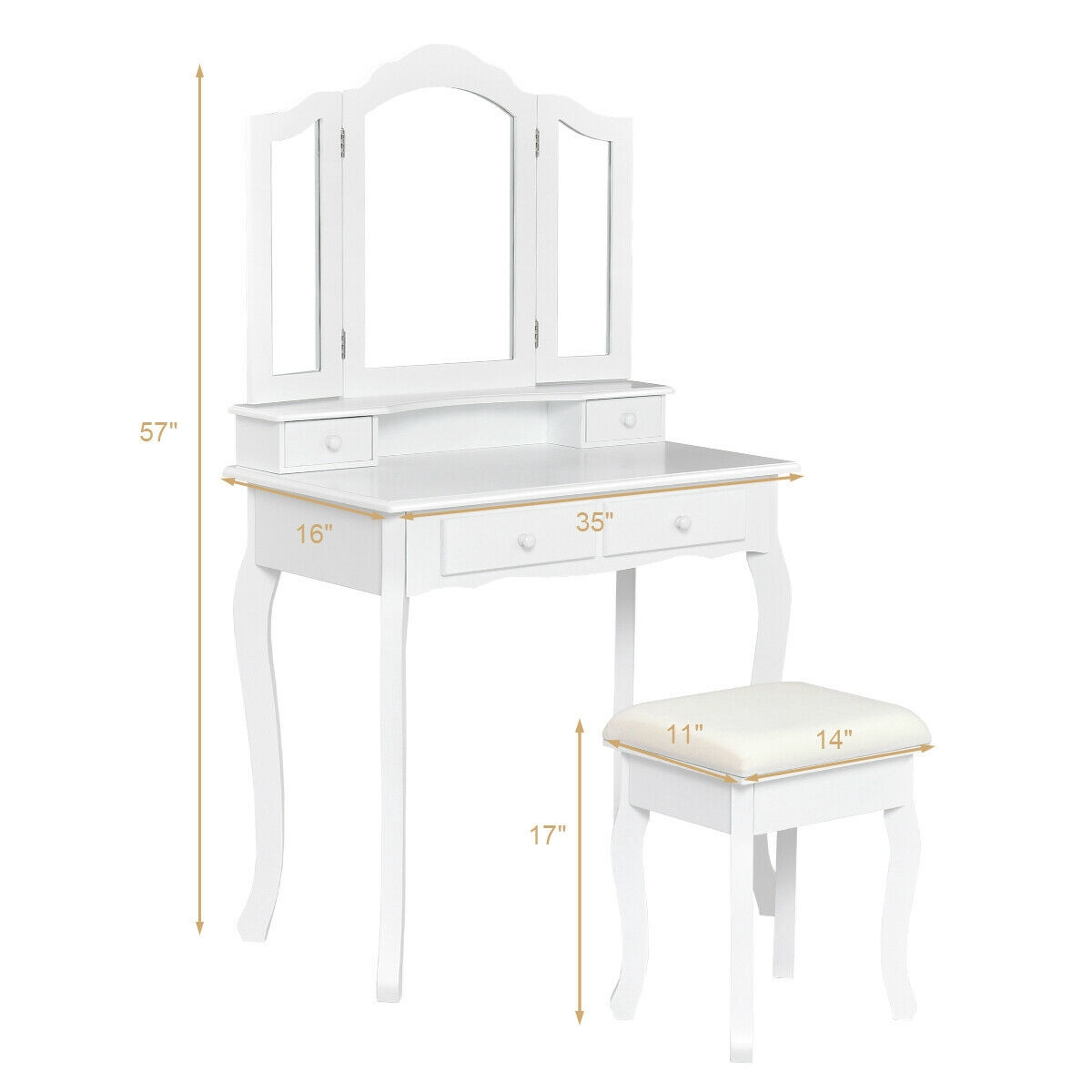 Vanity Dressing Table Set with Stool, Tri-Fold Mirror, 4 Drawers