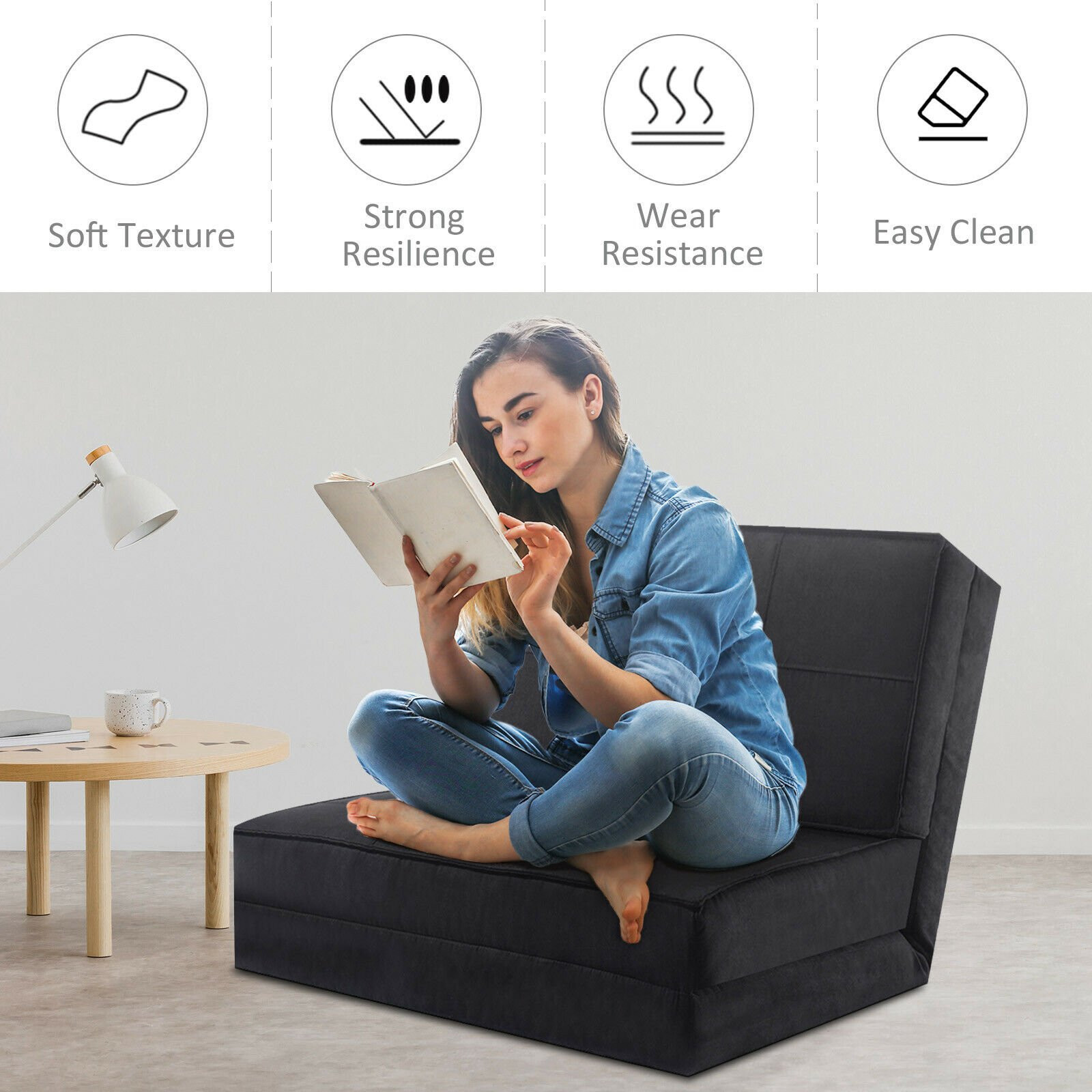 Sofá cama plegable convertible, 5 posiciones, negro