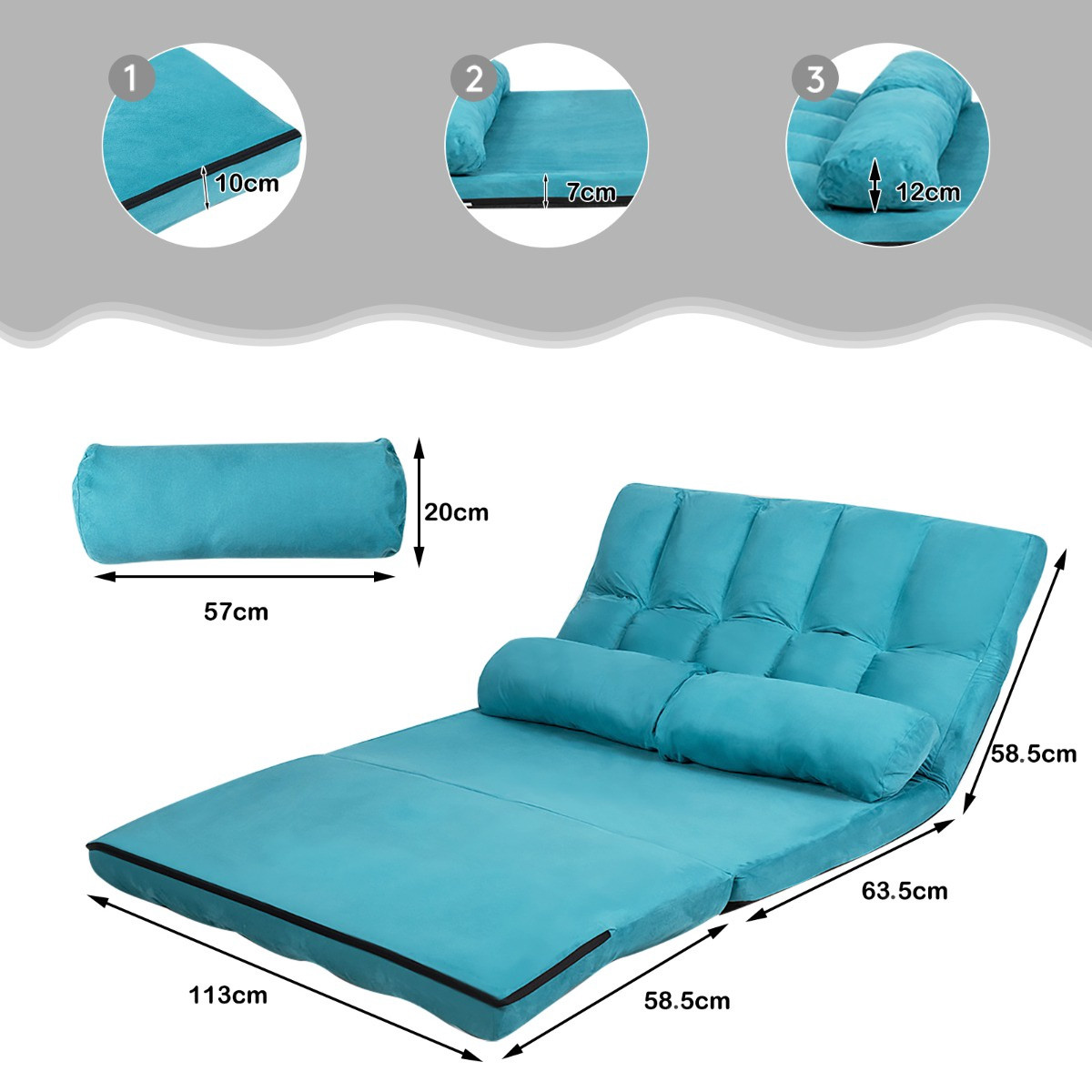 Sofá cama plegable de suelo, ajustable en 6 posiciones, azul.
