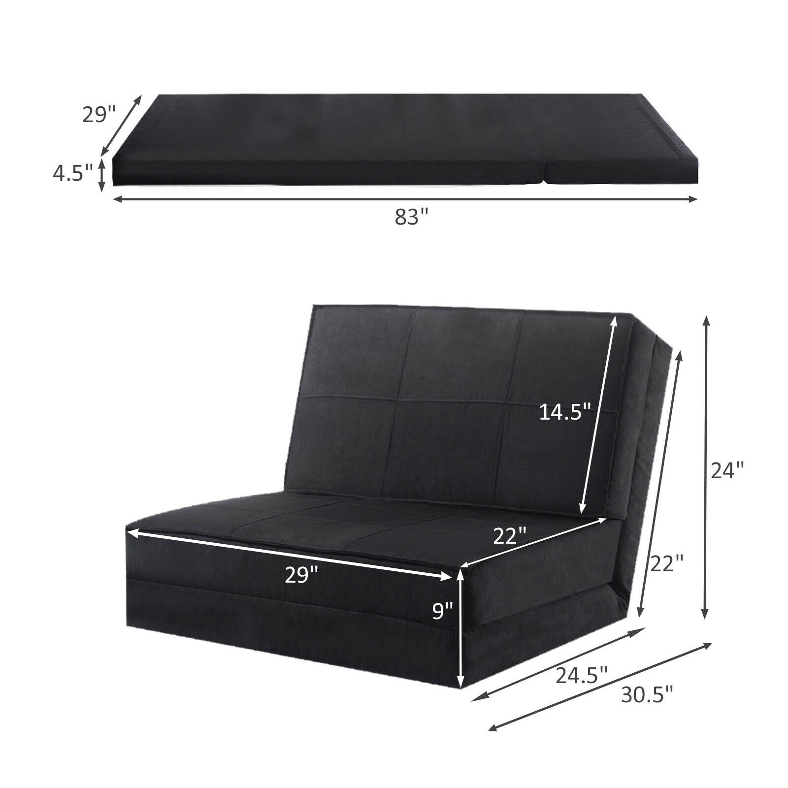 Sofá cama plegable convertible, 5 posiciones, negro