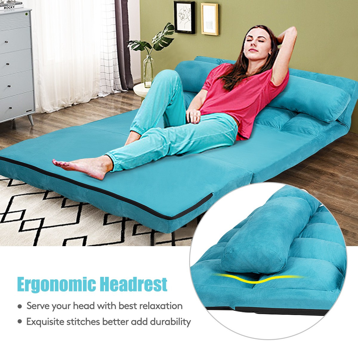 Sofá cama plegable de suelo, ajustable en 6 posiciones, azul.