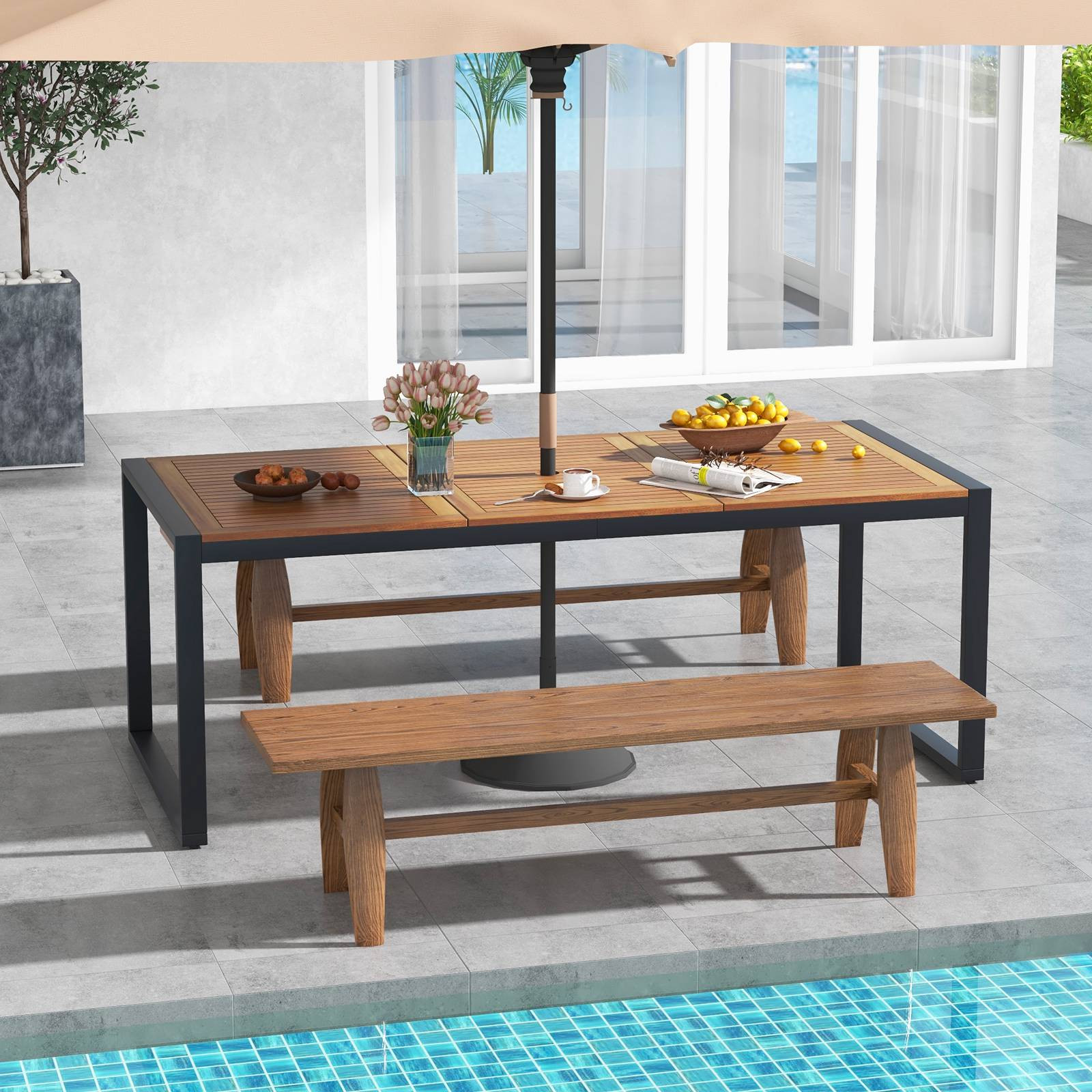 Mesa de jantar para pátio em madeira de acácia de 79 polegadas com ...