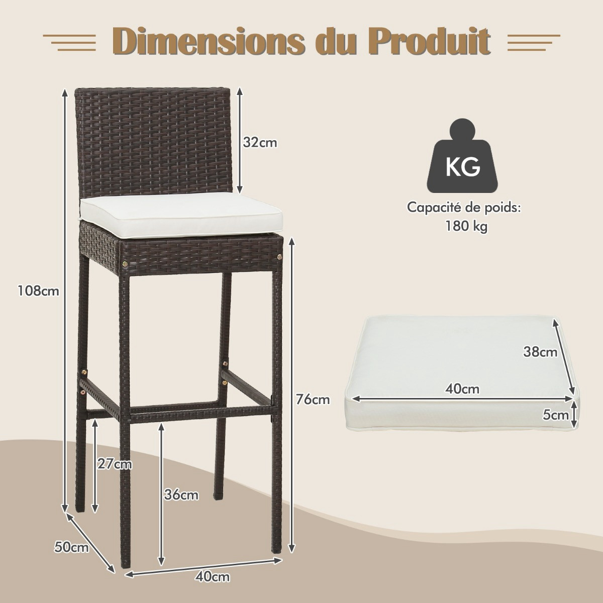 Conjunto de 4 banquetas de vime para área externa, com almofadas, 7...