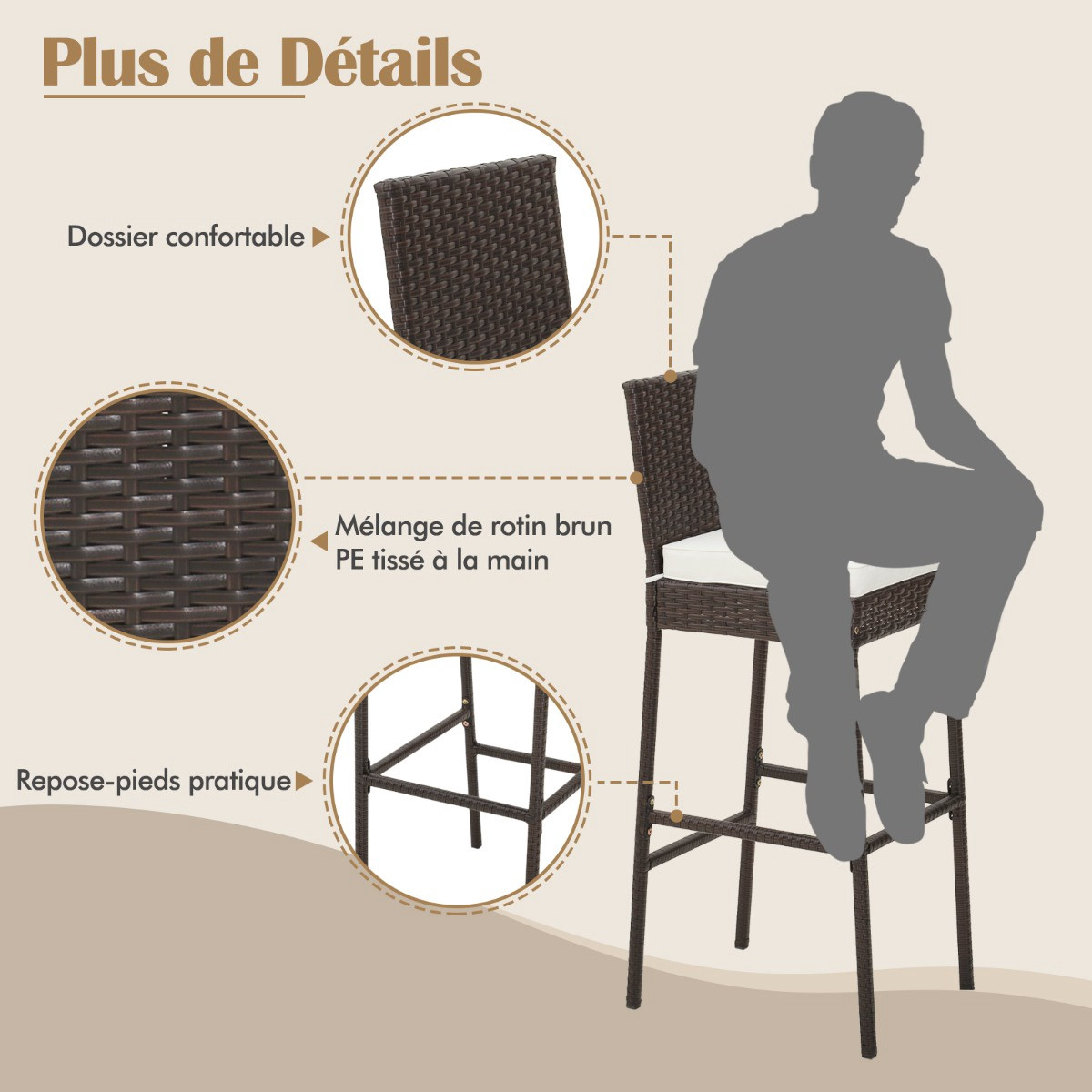 Conjunto de 4 banquetas de vime para área externa, com almofadas, 7...