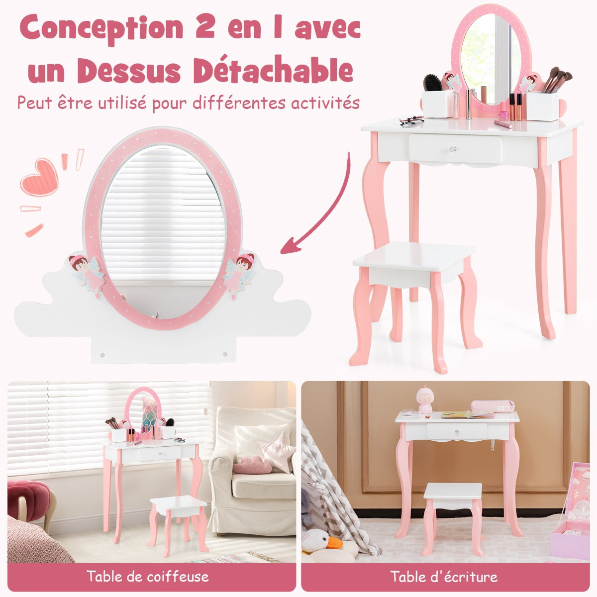 Kids Vanity Table Set with Stool, Mirror, Drawer