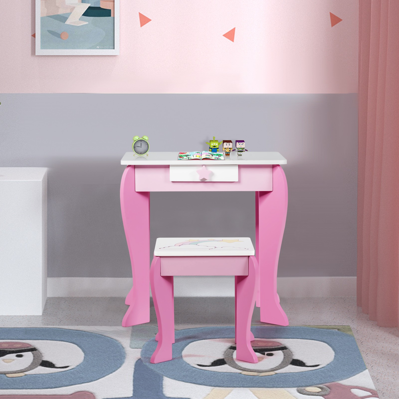 Kids Vanity Table Set With Mirror, Stool and Drawer