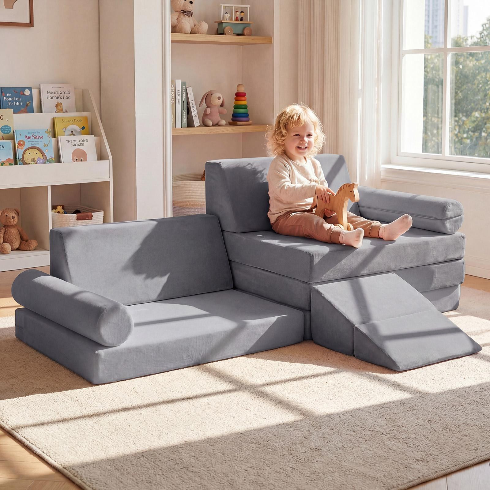 Sofá de espuma modular infantil para escalada, 10 peças, cinza